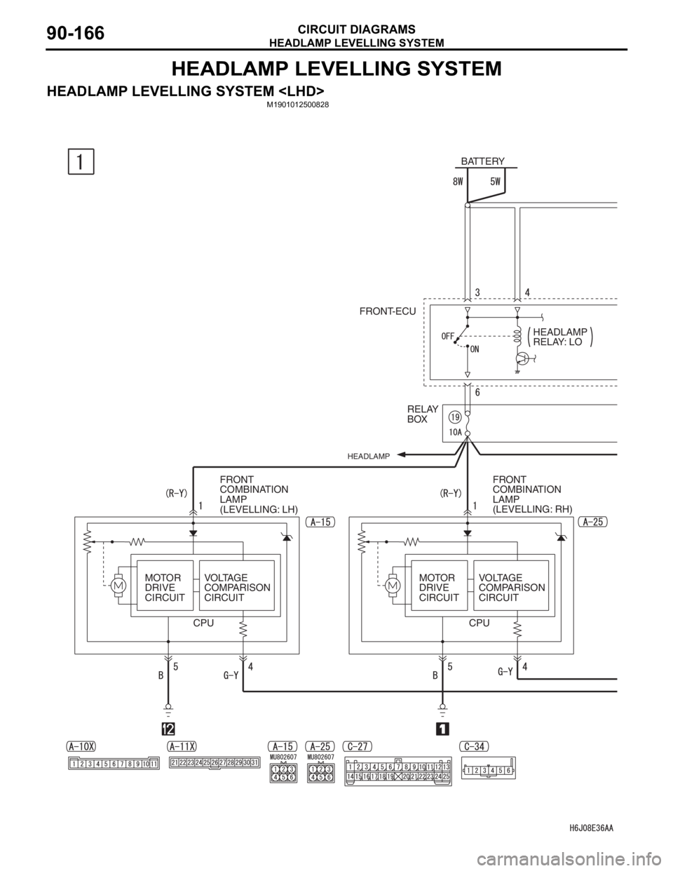 MITSUBISHI LANCER IX 2006  Service Manual HEADLAMP LEVELLING SYSTEM
CIRCUIT DIAGRAMS90-166
HEADLAMP LEVELLING SYSTEM
HEADLAMP LEVELLING SYSTEM <LHD>M1901012500828
BATTERY
FRONT-ECU
HEADLAMP 
RELAY: LO
RELAY 
BOX
HEADLAMP
FRONT 
COMBINATION 
L