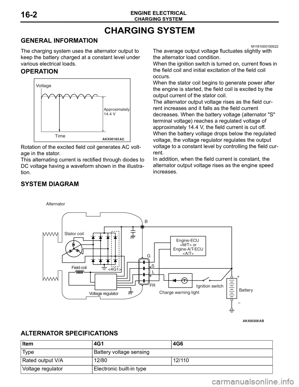 MITSUBISHI LANCER IX 2006 Repair Manual
CHARGING SYSTEM
ENGINE ELECTRICAL16-2
CHARGING SYSTEM
GENERAL INFORMATIONM1161000100522
The charging system uses the alternator output to
keep the battery charged at a constant level under
various MITSUBISHI LANCER IX 2006 Repair Manual
CHARGING SYSTEM
ENGINE ELECTRICAL16-2
CHARGING SYSTEM
GENERAL INFORMATIONM1161000100522
The charging system uses the alternator output to
keep the battery charged at a constant level under
various