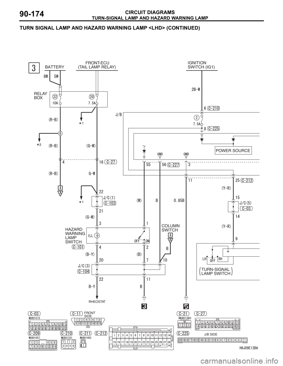 MITSUBISHI LANCER IX 2006  Service Manual TURN-SIGNAL LAMP AND HAZARD WARNING LAMP
CIRCUIT DIAGRAMS90-174
TURN SIGNAL LAMP AND HAZARD WARNING LAMP <LHD> (CONTINUED)
BATTERYIGNITION 
SWITCH (IG1) FRONT-ECU
(TAIL LAMP RELAY)
RELAY 
BOX
HAZARD 
