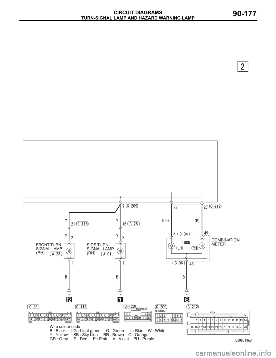 MITSUBISHI LANCER IX 2006  Service Manual TURN-SIGNAL LAMP AND HAZARD WARNING LAMP
CIRCUIT DIAGRAMS90-177
FRONT TURN 
SIGNAL LAMP 
(RH)SIDE TURN 
SIGNAL LAMP 
(RH)COMBINATION 
METER
Wire colour code
B : Black     LG : Light green     G : Gree