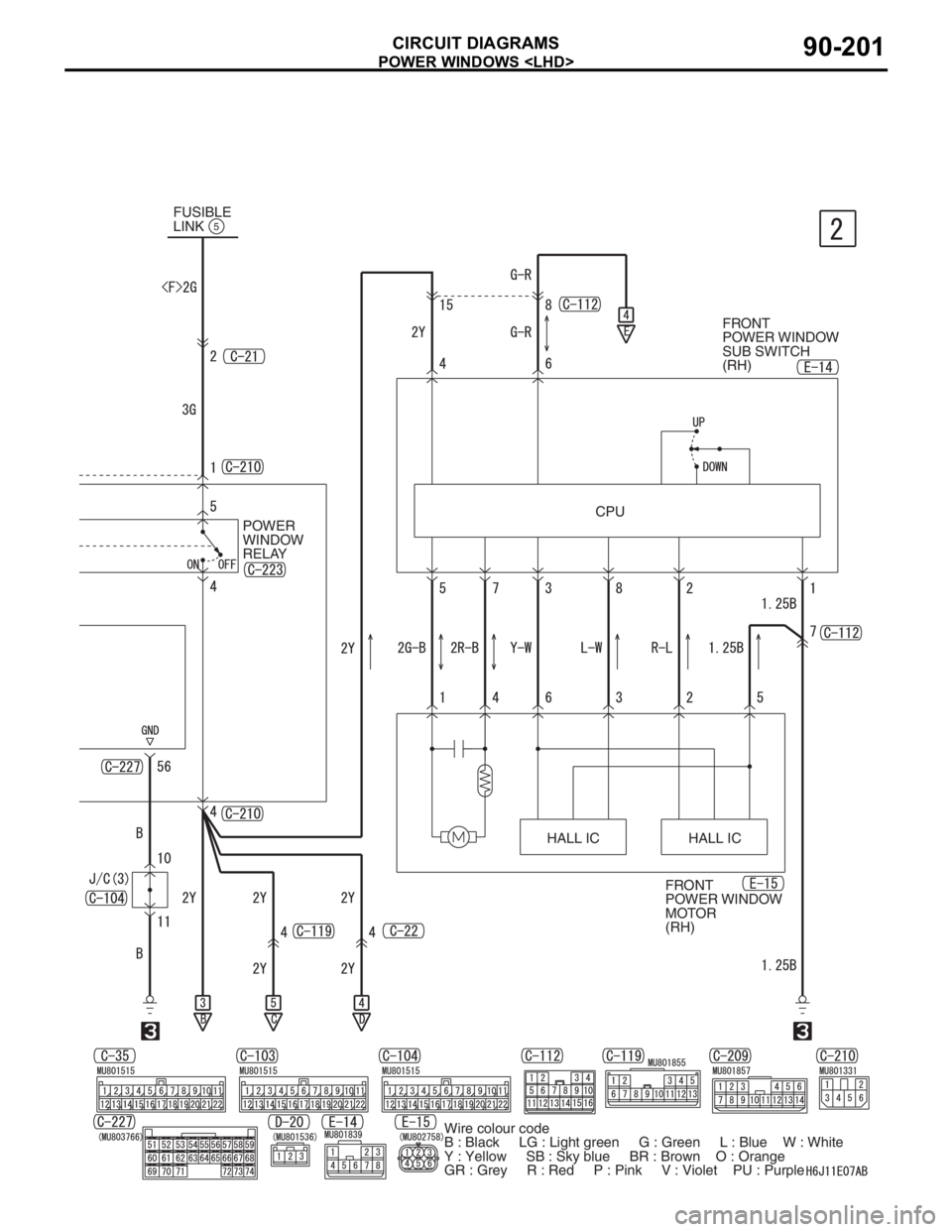 MITSUBISHI LANCER IX 2006  Service Manual POWER WINDOWS <LHD>
CIRCUIT DIAGRAMS90-201
HALL IC HALL IC FUSIBLE 
LINK
5
FRONT 
POWER WINDOW 
MOTOR 
(RH) POWER 
WINDOW 
RELAYCPUFRONT 
POWER WINDOW 
SUB SWITCH 
(RH)
Wire colour code
B : Black     