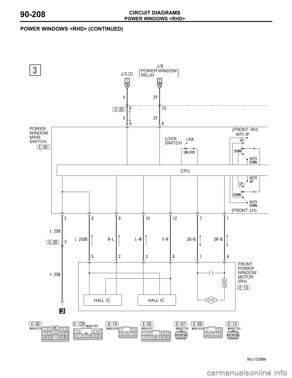 MITSUBISHI LANCER IX 2006  Service Manual POWER WINDOWS <RHD>
CIRCUIT DIAGRAMS90-208
POWER WINDOWS <RHD> (CONTINUED)
POWER 
WINDOW 
MAIN 
SWITCH(FRONT: RH)
(FRONT: LH) LOCK 
SWITCH
CPU
HALL IC HALL ICFRONT 
POWER 
WINDOW 
MOTOR 
(RH) POWER WI
