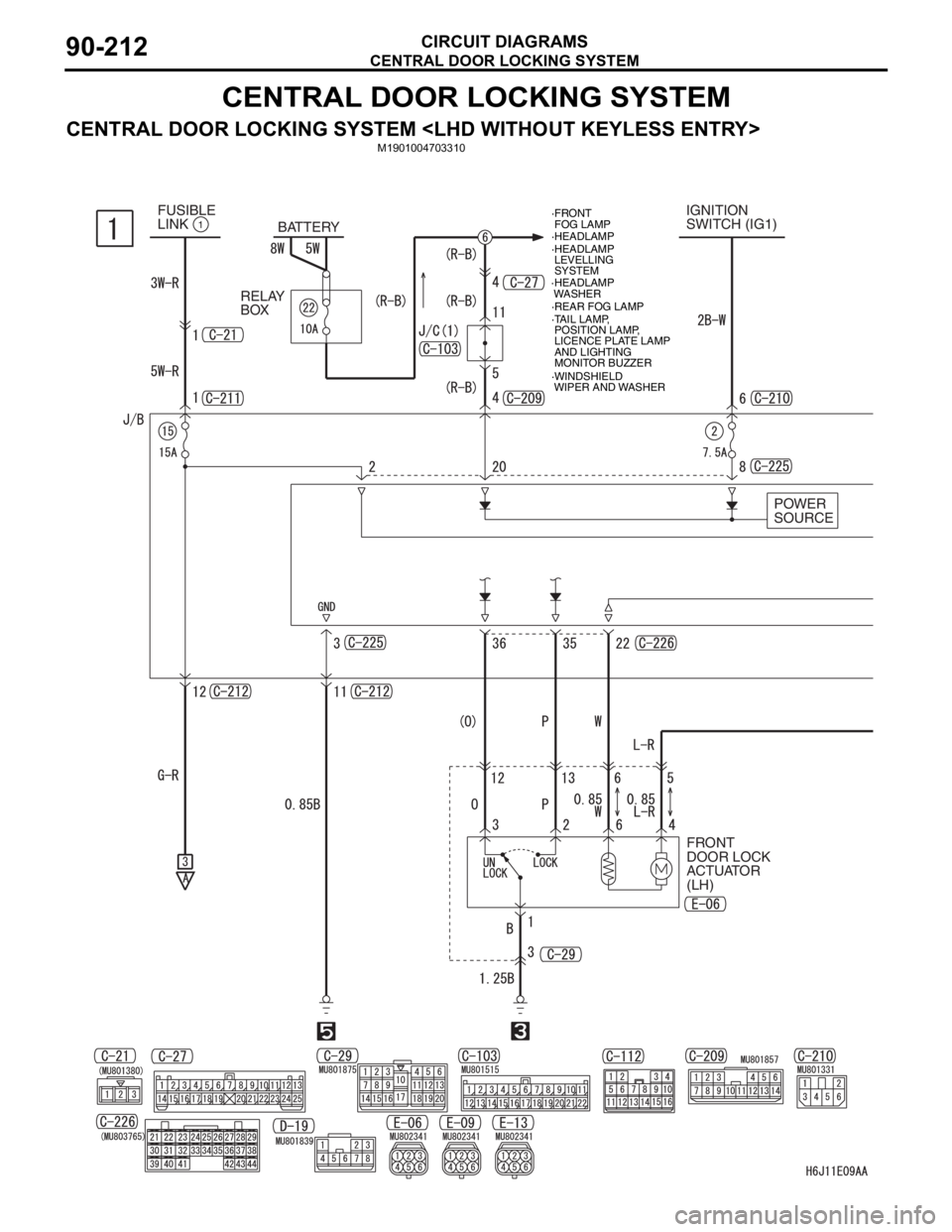MITSUBISHI LANCER IX 2006  Service Manual CENTRAL DOOR LOCKING SYSTEM
CIRCUIT DIAGRAMS90-212
CENTRAL DOOR LOCKING SYSTEM
CENTRAL DOOR LOCKING SYSTEM <LHD WITHOUT KEYLESS ENTRY>M1901004703310
IGNITION
SWITCH (IG1)
BATTERY
POWER 
SOURCE FUSIBLE