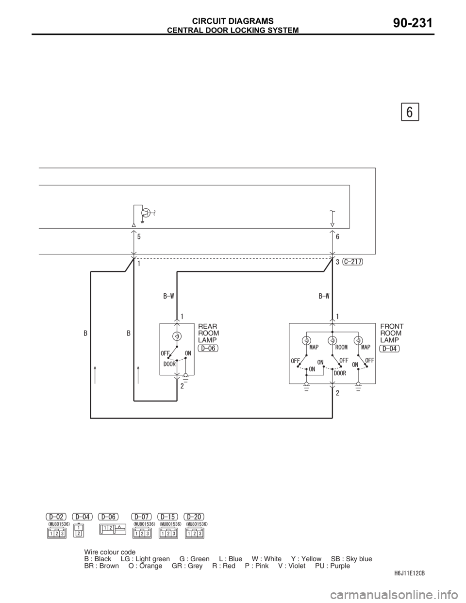 MITSUBISHI LANCER IX 2006  Service Manual CENTRAL DOOR LOCKING SYSTEM
CIRCUIT DIAGRAMS90-231
REAR 
ROOM 
LAMPFRONT 
ROOM 
LAMP
Wire colour code
B : Black     LG : Light green     G : Green     L : Blue     W : White     Y : Yellow     SB : Sk