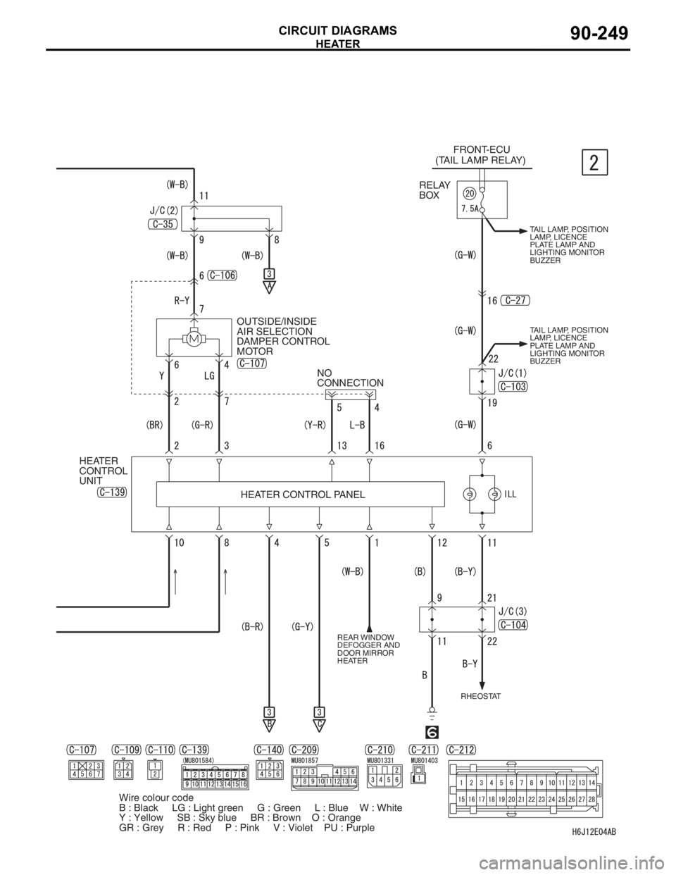 MITSUBISHI LANCER IX 2006  Service Manual HEATER
CIRCUIT DIAGRAMS90-249
HEATER CONTROL PANELRELAY 
BOX
OUTSIDE/INSIDE 
AIR SELECTION 
DAMPER CONTROL 
MOTOR
REAR WINDOW 
DEFOGGER AND 
DOOR MIRROR 
HEATER
FRONT-ECU
(TAIL LAMP RELAY)
HEATER 
CON
