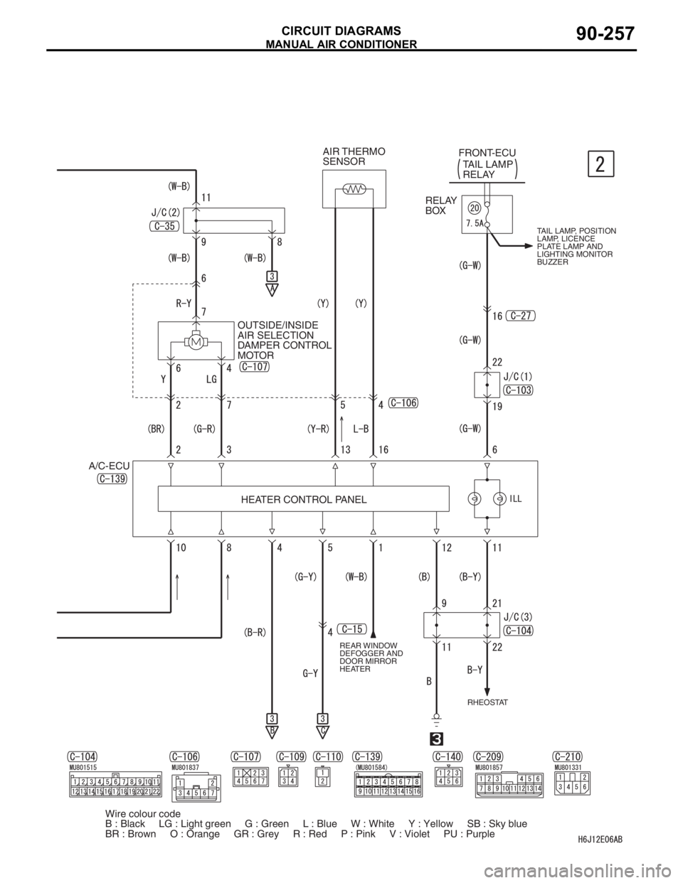 MITSUBISHI LANCER IX 2006  Service Manual MANUAL AIR CONDITIONER
CIRCUIT DIAGRAMS90-257
REAR WINDOW 
DEFOGGER AND 
DOOR MIRROR 
HEATER
HEATER CONTROL PANEL OUTSIDE/INSIDE 
AIR SELECTION 
DAMPER CONTROL 
MOTORTAIL LAMP 
RELAY FRONT-ECU
A/C-ECU