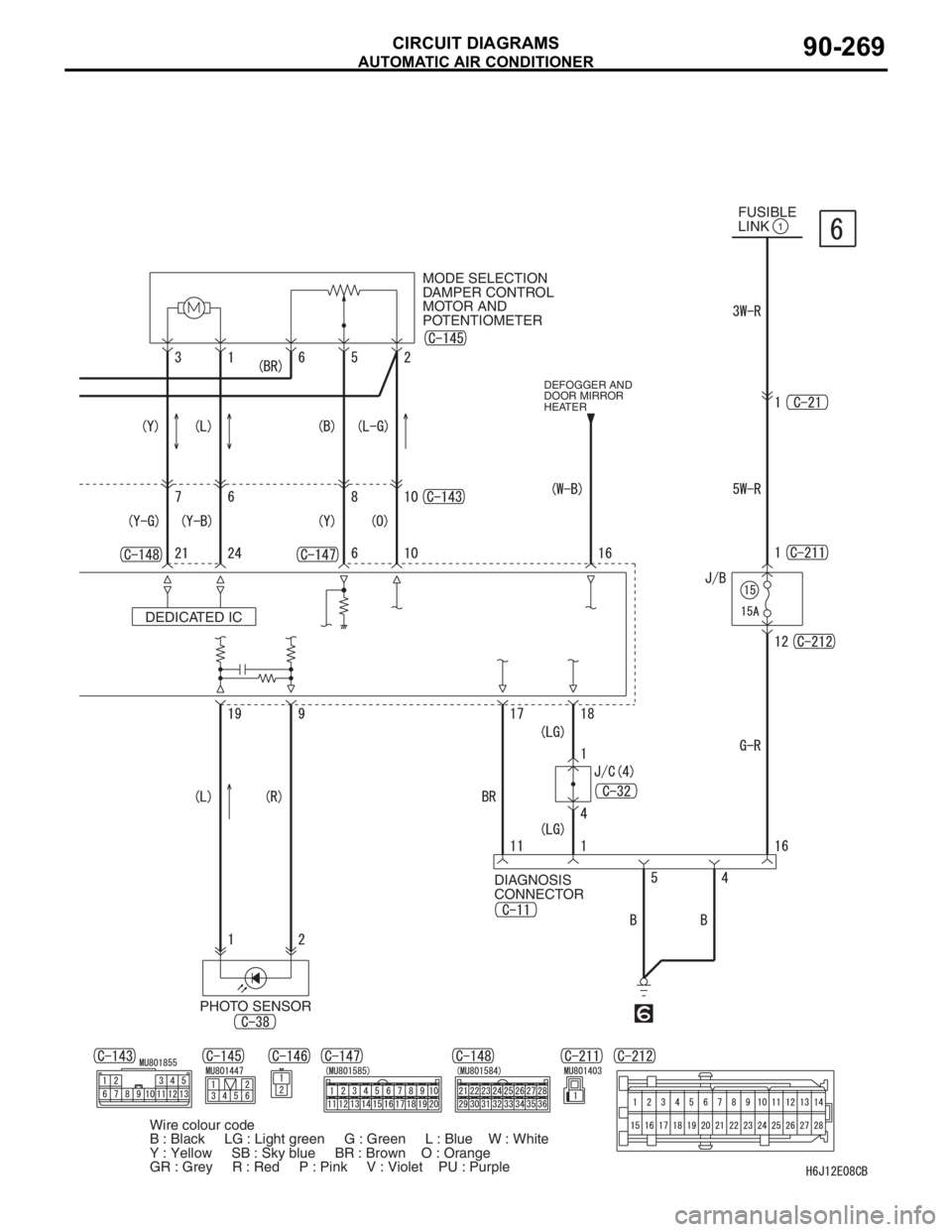 MITSUBISHI LANCER IX 2006  Service Manual AUTOMATIC AIR CONDITIONER
CIRCUIT DIAGRAMS90-269
Wire colour code
B : Black     LG : Light green     G : Green     L : Blue    W : White    
Y : Yellow     SB : Sky blue     BR : Brown    O : Orange  