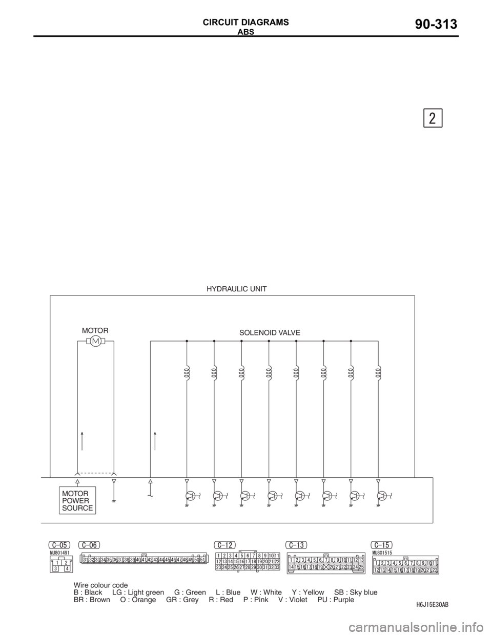 MITSUBISHI LANCER IX 2006 Service Manual ABS
CIRCUIT DIAGRAMS90-313
SOLENOID VALVE
MOTOR
POWER
SOURCEMOTORHYDRAULIC UNIT
Wire colour code
B : Black LG : Light green G : Green L : Blue W : White Y : Yellow SB : Sky b MITSUBISHI LANCER IX 2006 Service Manual ABS
CIRCUIT DIAGRAMS90-313
SOLENOID VALVE
MOTOR
POWER
SOURCEMOTORHYDRAULIC UNIT
Wire colour code
B : Black LG : Light green G : Green L : Blue W : White Y : Yellow SB : Sky b