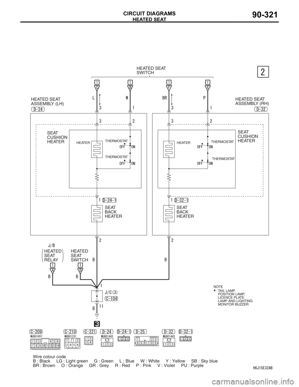 MITSUBISHI LANCER IX 2006 Service Manual HEATED SEAT
CIRCUIT DIAGRAMS90-321
HEATED SEAT
SWITCH
HEATED SEAT
ASSEMBLY (LH)HEATED SEAT
ASSEMBLY (RH)
SEAT
CUSHION
HEATERSEAT
CUSHION
HEATER
SEAT
BACK
HEATER
THERMOSTAT
THERMOSTAT
THERMOSTAT THERMO MITSUBISHI LANCER IX 2006 Service Manual HEATED SEAT
CIRCUIT DIAGRAMS90-321
HEATED SEAT
SWITCH
HEATED SEAT
ASSEMBLY (LH)HEATED SEAT
ASSEMBLY (RH)
SEAT
CUSHION
HEATERSEAT
CUSHION
HEATER
SEAT
BACK
HEATER
THERMOSTAT
THERMOSTAT
THERMOSTAT THERMO