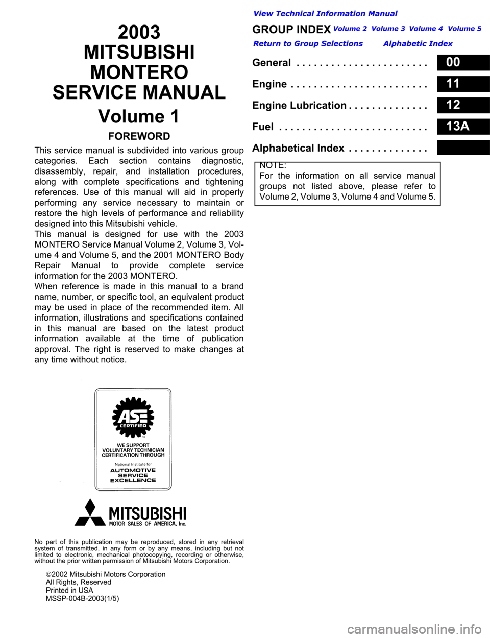 MITSUBISHI MONTERO 2003 Service Repair Manual MITSUBISHI MONTERO 2003 Service Repair Manual