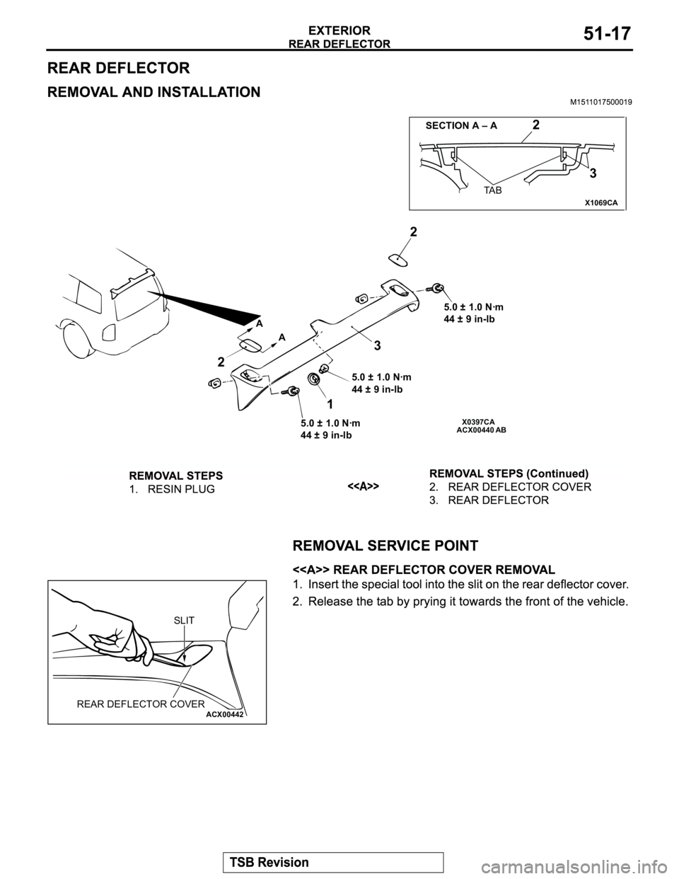 MITSUBISHI MONTERO 2003  Service Repair Manual X1069CA
X0397CA
ACX00440
SECTION A – A2
3
2
5.0 ± 1.0 Nꞏm
44 ± 9 in-lb
3
A
A
2
1
TA B
5.0 ± 1.0 Nꞏm
44 ± 9 in-lb
5.0 ± 1.0 Nꞏm
44 ± 9 in-lb
AB
ACX00442 REAR DEFLECTOR COVER
SLIT 