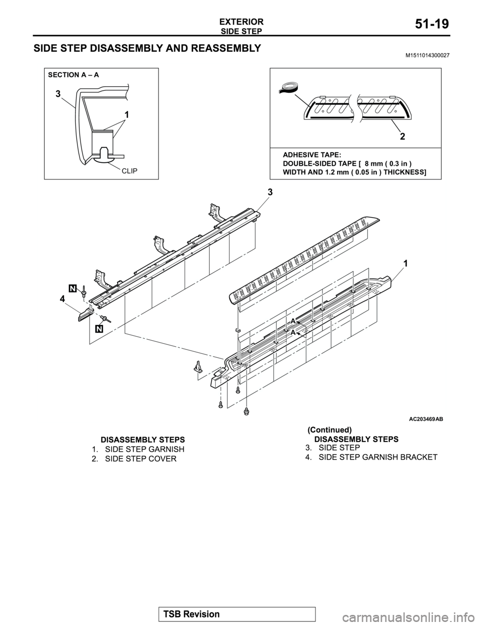 MITSUBISHI MONTERO 2003  Service Repair Manual AC203469
3
41
AB
2
ADHESIVE TAPE: 
DOUBLE-SIDED TAPE [  8 mm ( 0.3 in ) 
WIDTH AND 1.2 mm ( 0.05 in ) THICKNESS]
3
CLIP SECTION A – A
1
A
A
N
N 