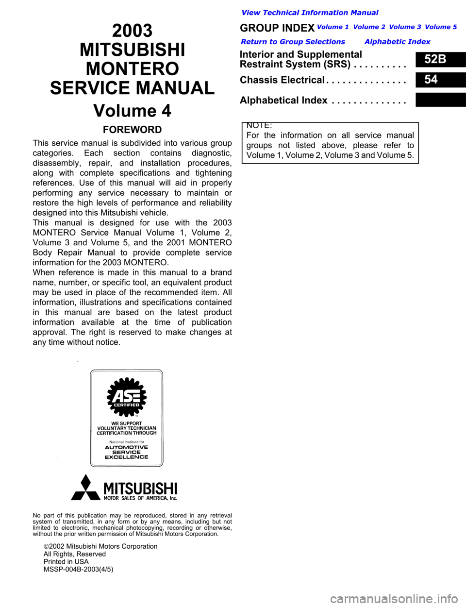MITSUBISHI MONTERO 2003 Service User Guide MITSUBISHI MONTERO 2003 Service User Guide