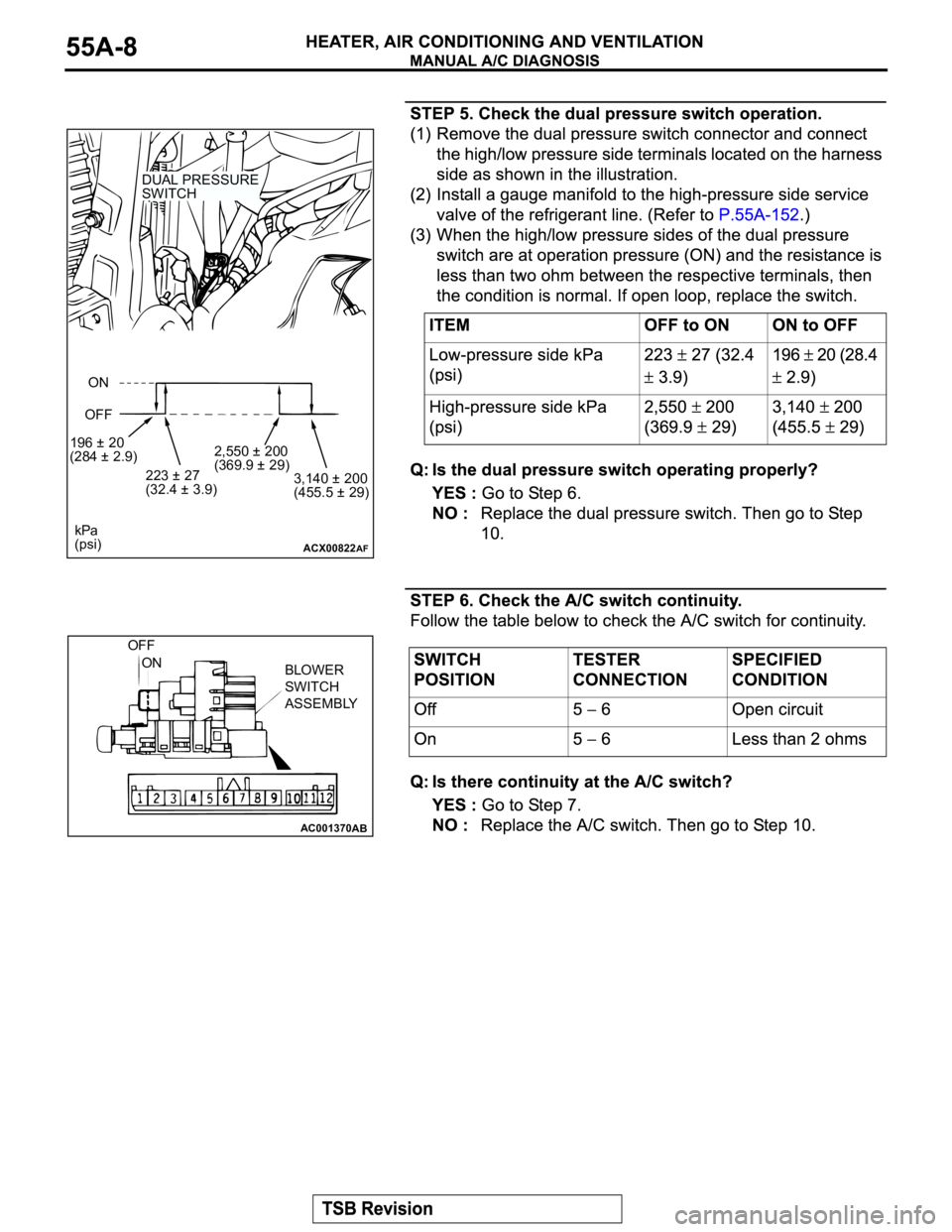 MITSUBISHI MONTERO 2003 Service Repair Manual ACX00822
ON
OFF
196 ± 20
(284 ± 2.9)
223 ± 27
(32.4 ± 3.9)2,550 ± 200
(369.9 ± 29)
3,140 ± 200
(455.5 ± 29)
kPa
(psi)
DUAL PRESSURE
SWITCH
AF
AC001370
OFF
ON
BLOWER
SWITCH
ASSEMBLY
AB MITSUBISHI MONTERO 2003 Service Repair Manual ACX00822
ON
OFF
196 ± 20
(284 ± 2.9)
223 ± 27
(32.4 ± 3.9)2,550 ± 200
(369.9 ± 29)
3,140 ± 200
(455.5 ± 29)
kPa
(psi)
DUAL PRESSURE
SWITCH
AF
AC001370
OFF
ON
BLOWER
SWITCH
ASSEMBLY
AB