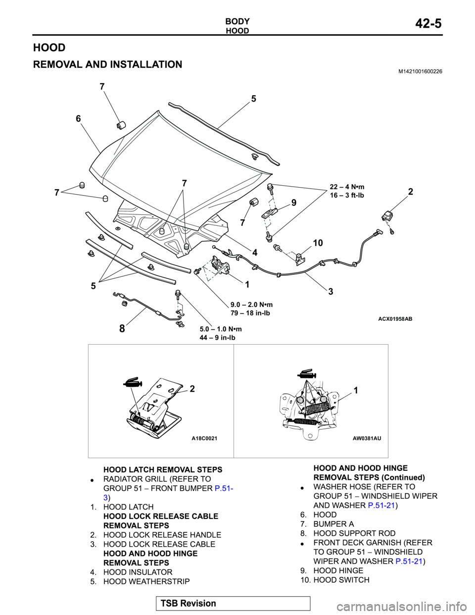 MITSUBISHI MONTERO 2003  Service Owners Manual ACX01958
A18C0021 AW0381AU
22 – 4 N•m
16 – 3 ft-lb
9.0 – 2.0 N•m
79 – 18 in-lb2
1
3 4 5
6
7
8
9 7
7
57
5.0 – 1.0 N•m
44 – 9 in-lb
1 2
AB
10 