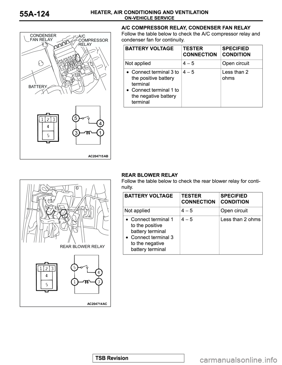 MITSUBISHI MONTERO 2003 Service Repair Manual AC204715
31
4
5
AB
CONDENSER
FAN RELAYA/C
COMPRESSOR
RELAY
BATTERY
AC204714
REAR BLOWER RELAY
AC MITSUBISHI MONTERO 2003 Service Repair Manual AC204715
31
4
5
AB
CONDENSER
FAN RELAYA/C
COMPRESSOR
RELAY
BATTERY
AC204714
REAR BLOWER RELAY
AC