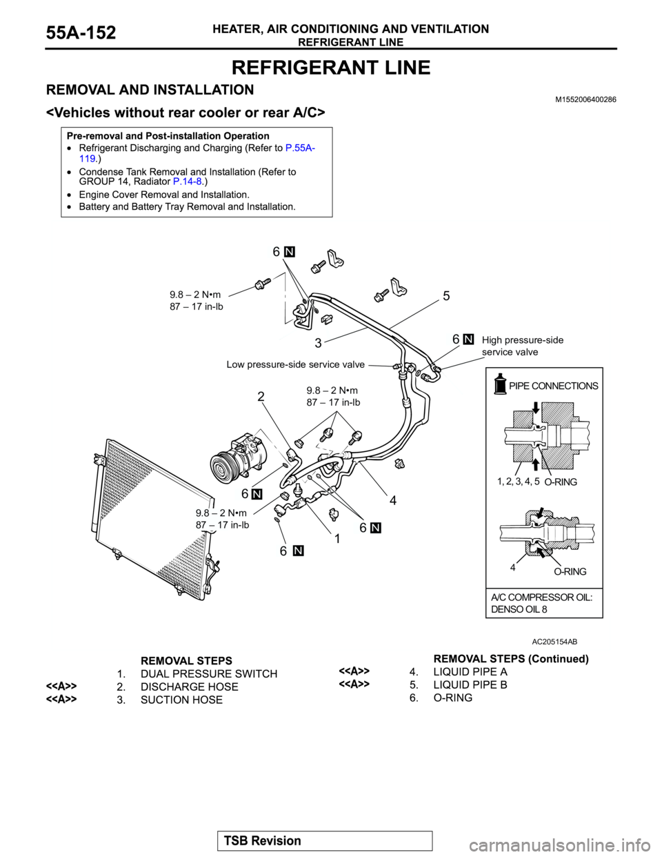MITSUBISHI MONTERO 2003 Service Repair Manual 1 23
45
9.8 – 2 N•m
87 – 17 in-lb 9.8 – 2 N•m
87 – 17 in-lb
9.8 – 2 N•m
87 – 17 in-lb Low pressure-side service valveHigh pressure-side
service valve
6N
6N
6N
6N
6N
PIPE CONNECTIONS MITSUBISHI MONTERO 2003 Service Repair Manual 1 23
45
9.8 – 2 N•m
87 – 17 in-lb 9.8 – 2 N•m
87 – 17 in-lb
9.8 – 2 N•m
87 – 17 in-lb Low pressure-side service valveHigh pressure-side
service valve
6N
6N
6N
6N
6N
PIPE CONNECTIONS