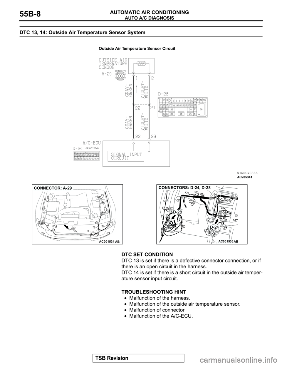 MITSUBISHI MONTERO 2003 Service Repair Manual Outside Air Temperature Sensor Circuit
AC205341
AC001534
AB
CONNECTOR: A-29
AC001536AB
CONNECTORS: D-24, D-28
D-24
D-28 MITSUBISHI MONTERO 2003 Service Repair Manual Outside Air Temperature Sensor Circuit
AC205341
AC001534
AB
CONNECTOR: A-29
AC001536AB
CONNECTORS: D-24, D-28
D-24
D-28