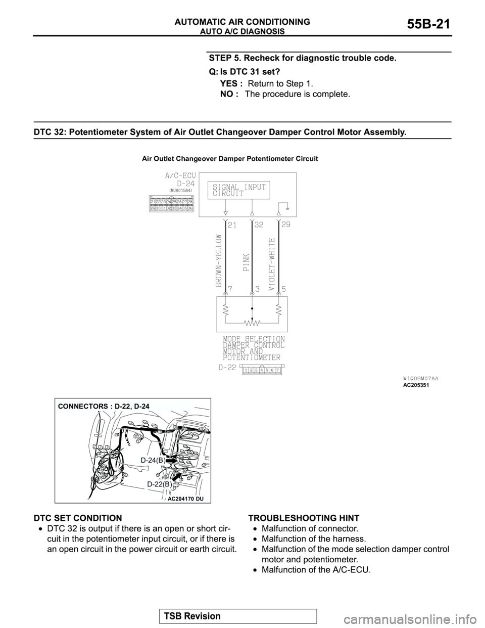 MITSUBISHI MONTERO 2003  Service Repair Manual Air Outlet Changeover Damper Potentiometer Circuit
AC205351
AC204170
CONNECTORS : D-22, D-24
DU
D-24(B)
D-22(B) 