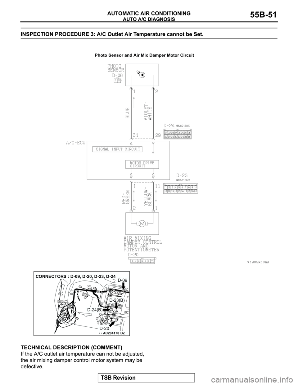 MITSUBISHI MONTERO 2003 Service Repair Manual Photo Sensor and Air Mix Damper Motor Circuit
AC204170DZ
D-23(B)
D-24(B)
D-20
D-09 CONNECTORS : D-09, D-20, D-23, D-24 MITSUBISHI MONTERO 2003 Service Repair Manual Photo Sensor and Air Mix Damper Motor Circuit
AC204170DZ
D-23(B)
D-24(B)
D-20
D-09 CONNECTORS : D-09, D-20, D-23, D-24