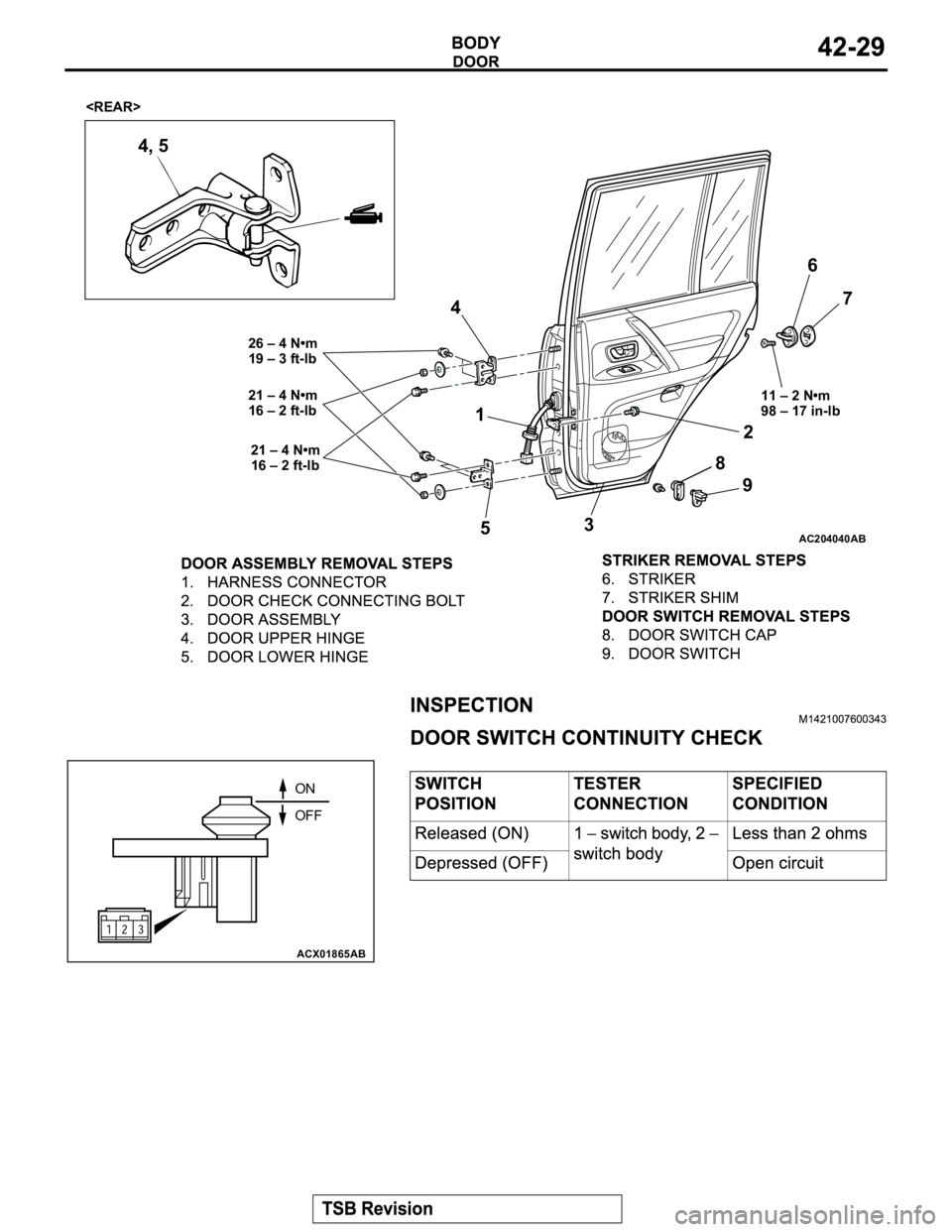 MITSUBISHI MONTERO 2003 Service Service Manual AC204040
<REAR>
26 – 4 N•m
19 – 3 ft-lb
21 – 4 N•m
16 – 2 ft-lb
21 – 4 N•m
16 – 2 ft-lb 11 – 2 N•m
98 – 17 in-lb
1
2
3 4
56
7
8
9 4, 5
AB
ACX01865 AB
ON
OFF MITSUBISHI MONTERO 2003 Service Service Manual AC204040
<REAR>
26 – 4 N•m
19 – 3 ft-lb
21 – 4 N•m
16 – 2 ft-lb
21 – 4 N•m
16 – 2 ft-lb 11 – 2 N•m
98 – 17 in-lb
1
2
3 4
56
7
8
9 4, 5
AB
ACX01865 AB
ON
OFF