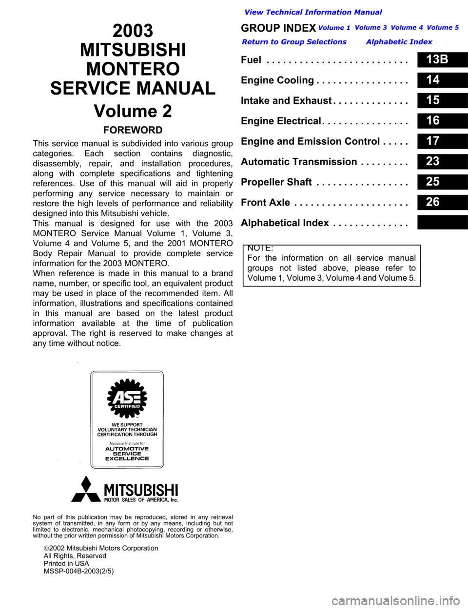 MITSUBISHI MONTERO 2003  Service Repair Manual 