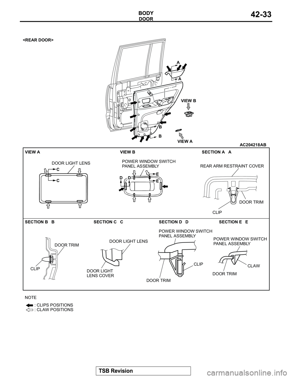 MITSUBISHI MONTERO 2003 Service Workshop Manual AC204218
VIEW A
C
CA
A
VIEW B
VIEW A B
B
DOOR LIGHT LENSPOWER WINDOW SWITCH
PA N E L A S S E M B LY VIEW B SECTION A A
DDE
EREAR ARM RESTRAINT COVER
CLIPDOOR TRIM
SECTION B B SECTION C C SECT MITSUBISHI MONTERO 2003 Service Workshop Manual AC204218
VIEW A
C
CA
A
VIEW B
VIEW A B
B
DOOR LIGHT LENSPOWER WINDOW SWITCH
PA N E L A S S E M B LY VIEW B SECTION A A
DDE
EREAR ARM RESTRAINT COVER
CLIPDOOR TRIM
SECTION B B SECTION C C SECT