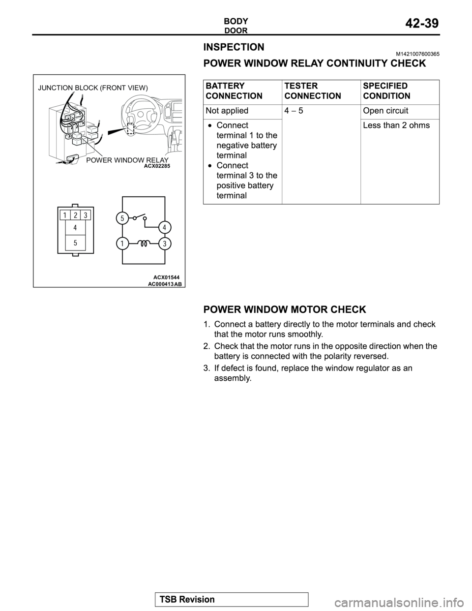 MITSUBISHI MONTERO 2003 Service Workshop Manual ACX01544
ACX02285
AC000413
JUNCTION BLOCK (FRONT VIEW)
POWER WINDOW RELAY
AB MITSUBISHI MONTERO 2003 Service Workshop Manual ACX01544
ACX02285
AC000413
JUNCTION BLOCK (FRONT VIEW)
POWER WINDOW RELAY
AB