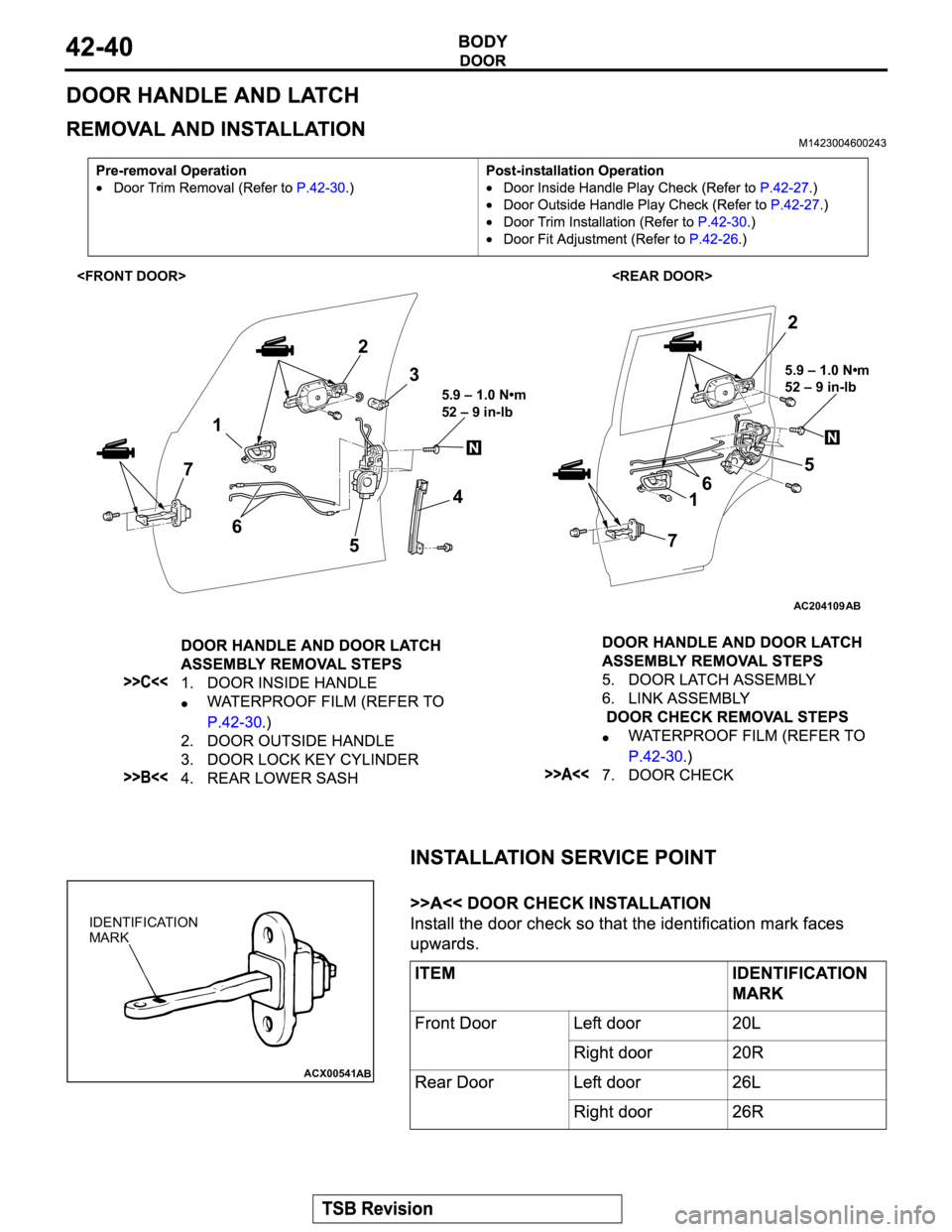 MITSUBISHI MONTERO 2003 Service Manual PDF AC204109
5.9 – 1.0 N•m
52 – 9 in-lb 5.9 – 1.0 N•m
52 – 9 in-lb
12
3
4
5 6 7
5
6
7
2
1
AB
<FRONT DOOR> <REAR DOOR>
ACX00541
IDENTIFICATION
MARK
AB MITSUBISHI MONTERO 2003 Service Manual PDF AC204109
5.9 – 1.0 N•m
52 – 9 in-lb 5.9 – 1.0 N•m
52 – 9 in-lb
12
3
4
5 6 7
5
6
7
2
1
AB
<FRONT DOOR> <REAR DOOR>
ACX00541
IDENTIFICATION
MARK
AB