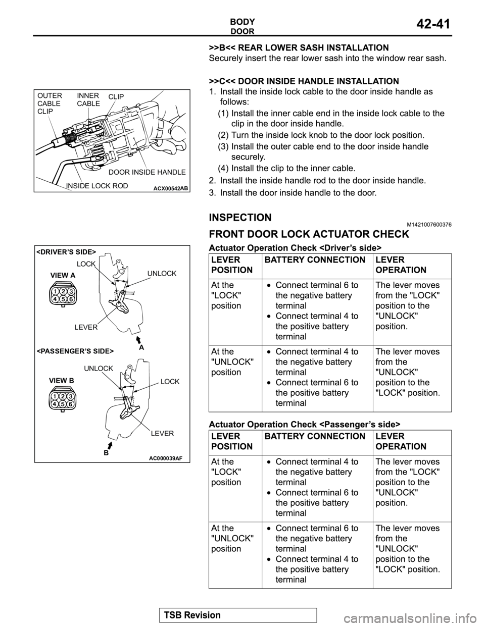 MITSUBISHI MONTERO 2003 Service Manual PDF ACX00542
INNER
CABLE OUTER
CABLE
CLIPCLIP
INSIDE LOCK RODDOOR INSIDE HANDLE
AB
AC000039
LOCK
UNLOCK
VIEW A
VIEW BUNLOCK
LOCK
B <DRIVER’S SIDE>
<PASSENGER’S SIDE>
AF
A
LEVER
LEVER MITSUBISHI MONTERO 2003 Service Manual PDF ACX00542
INNER
CABLE OUTER
CABLE
CLIPCLIP
INSIDE LOCK RODDOOR INSIDE HANDLE
AB
AC000039
LOCK
UNLOCK
VIEW A
VIEW BUNLOCK
LOCK
B <DRIVER’S SIDE>
<PASSENGER’S SIDE>
AF
A
LEVER
LEVER
