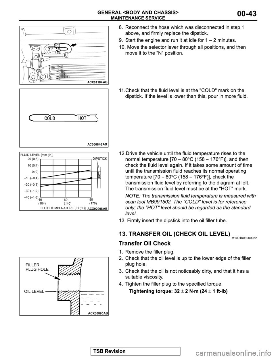MITSUBISHI MONTERO 2003  Service Repair Manual ACX01184AB
AC000846AB
ACX02008
AB
FLUID LEVEL [mm (in)]
10 (0.4)
0 (0)
–10 (–0.4)
–20 (–0.8)20 (0.8)
–30 (–1.2)
–40 (–1.6)
40
(104)60
(140)80
(176)
FLUID TEMPERATURE [˚C (˚F)]DIPSTIC