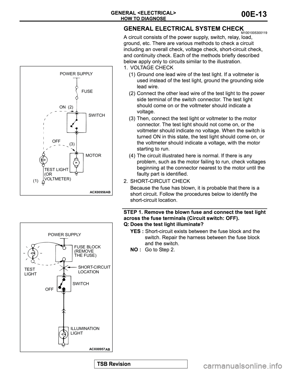 MITSUBISHI MONTERO 2003 Service Repair Manual ACX00956 AB
POWER SUPPLY
FUSE
SWITCH
MOTOR (3) ON (2)
OFF
(1)TEST LIGHT
(OR
VOLTMETER)
ACX00957
AB
POWER SUPPLY
SWITCH
OFF
ILLUMINATION
LIGHT TEST
LIGHTFUSE BLOCK
(REMOVE
THE FUSE)
SHORT-CIRCUIT
LOCA MITSUBISHI MONTERO 2003 Service Repair Manual ACX00956 AB
POWER SUPPLY
FUSE
SWITCH
MOTOR (3) ON (2)
OFF
(1)TEST LIGHT
(OR
VOLTMETER)
ACX00957
AB
POWER SUPPLY
SWITCH
OFF
ILLUMINATION
LIGHT TEST
LIGHTFUSE BLOCK
(REMOVE
THE FUSE)
SHORT-CIRCUIT
LOCA