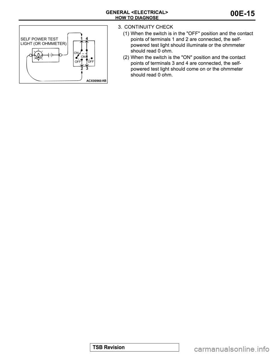 MITSUBISHI MONTERO 2003 Service Repair Manual ACX00960AB
SELF POWER TEST
LIGHT (OR OHMMETER)14
23
ON
OFF ON
OFF MITSUBISHI MONTERO 2003 Service Repair Manual ACX00960AB
SELF POWER TEST
LIGHT (OR OHMMETER)14
23
ON
OFF ON
OFF