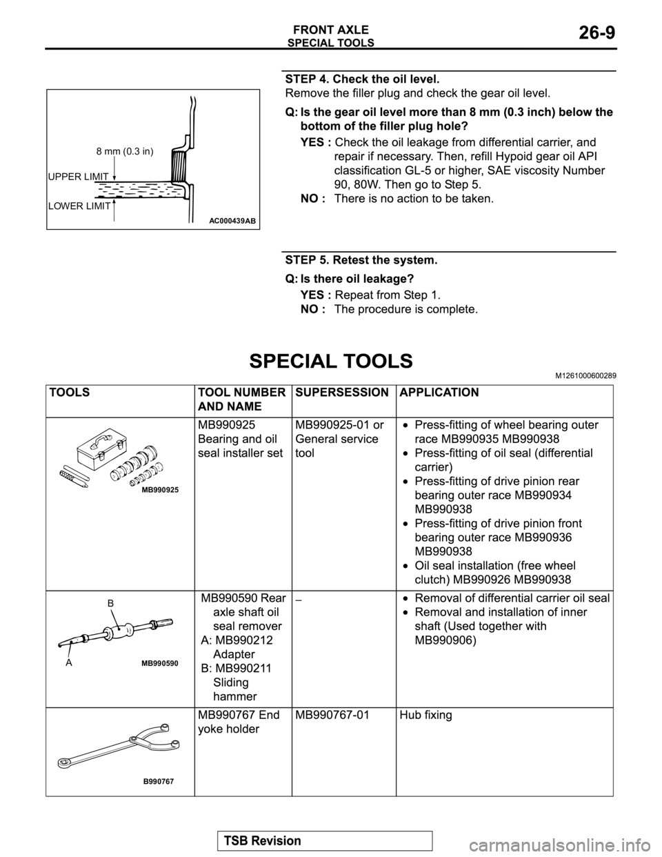 MITSUBISHI MONTERO 2003 Service Repair Manual AC000439
UPPER LIMIT
LOWER LIMIT
AB
8 mm (0.3 in)
MB990925
MB990590AB
B990767 MITSUBISHI MONTERO 2003 Service Repair Manual AC000439
UPPER LIMIT
LOWER LIMIT
AB
8 mm (0.3 in)
MB990925
MB990590AB
B990767