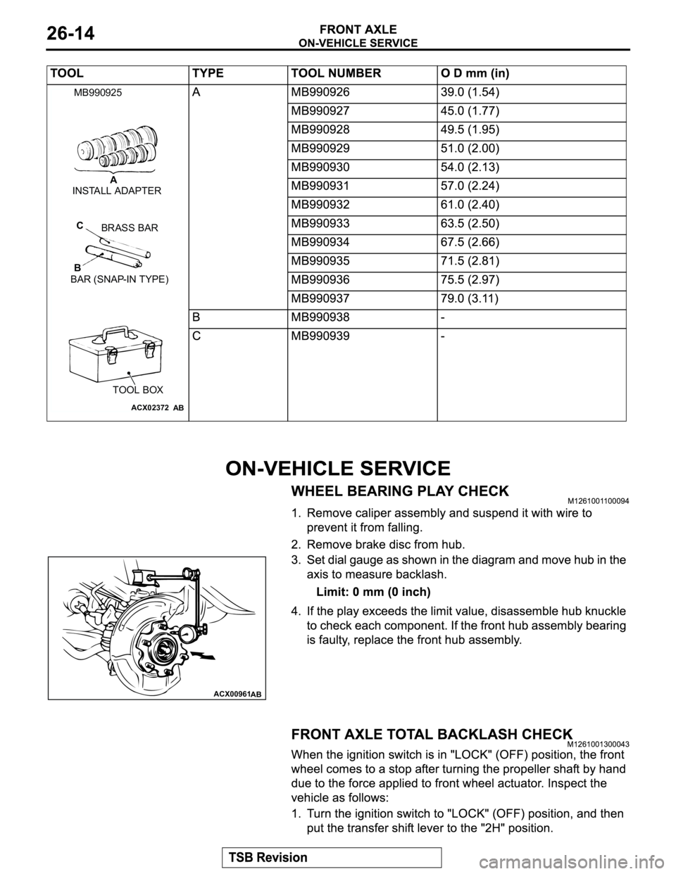 MITSUBISHI MONTERO 2003 Service Repair Manual ACX02372
A
BC
BRASS BAR
BAR (SNAP-IN TYPE)
TOOL BOX MB990925
AB
INSTALL ADAPTER
ACX00961
AB MITSUBISHI MONTERO 2003 Service Repair Manual ACX02372
A
BC
BRASS BAR
BAR (SNAP-IN TYPE)
TOOL BOX MB990925
AB
INSTALL ADAPTER
ACX00961
AB