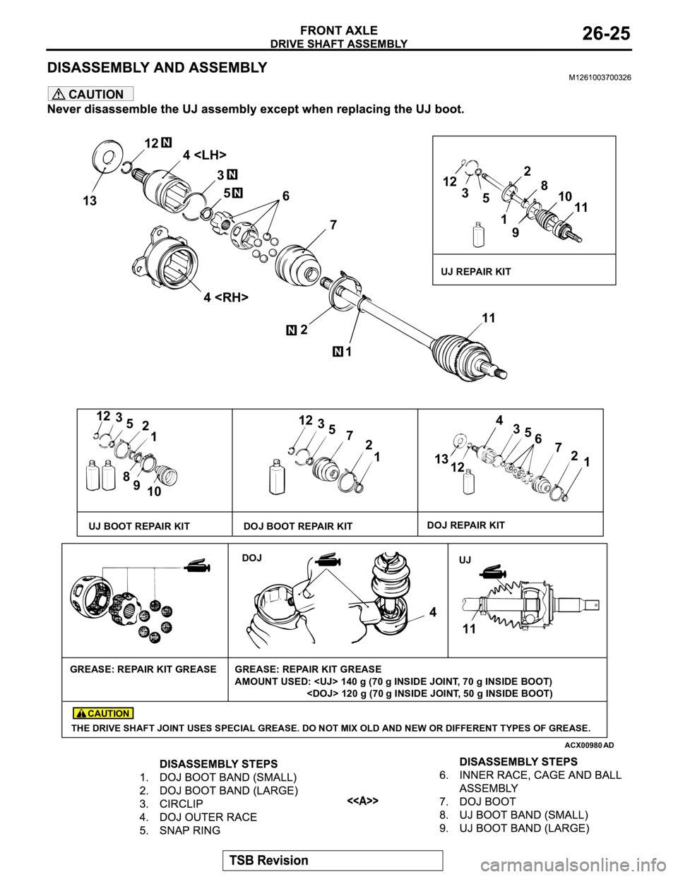 MITSUBISHI MONTERO 2003 Service Repair Manual CAUTION
ACX00980
AD
1312
4 <LH>
3
5
6
7
4 <RH>
2
111
3
5
2
1
8
9
1012
3
5
7
2
1
13
124
3
5
6
7
2
1
DOJ
UJ
11 412
3
52
8
10
11
9 1
UJ BOOT REPAIR KITDOJ REPAIR KITUJ REPAIR KIT
GREASE: REPAIR KIT GREAS MITSUBISHI MONTERO 2003 Service Repair Manual CAUTION
ACX00980
AD
1312
4 <LH>
3
5
6
7
4 <RH>
2
111
3
5
2
1
8
9
1012
3
5
7
2
1
13
124
3
5
6
7
2
1
DOJ
UJ
11 412
3
52
8
10
11
9 1
UJ BOOT REPAIR KITDOJ REPAIR KITUJ REPAIR KIT
GREASE: REPAIR KIT GREAS