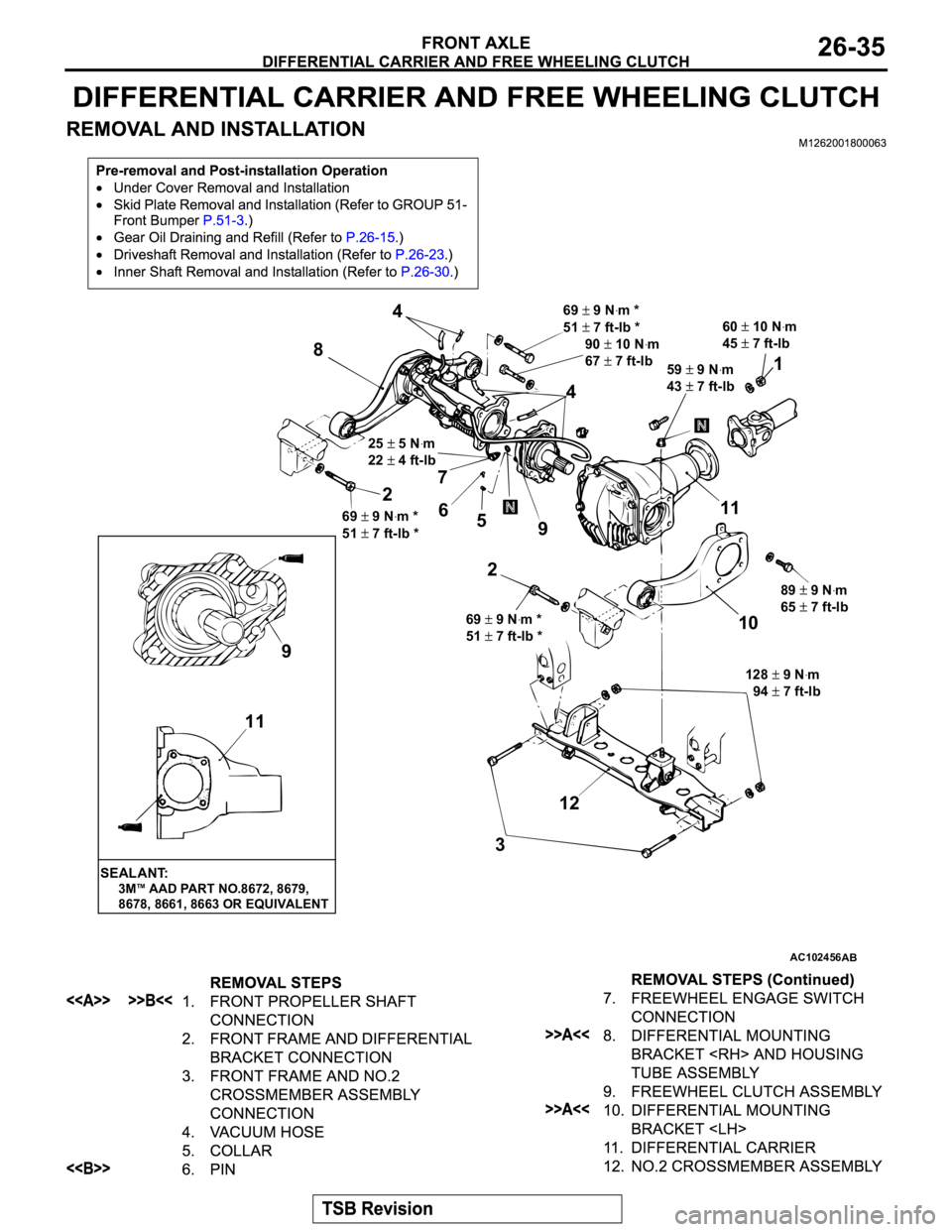 MITSUBISHI MONTERO 2003 Service Repair Manual AC102456AB
8
27
6
5
9
2
10 111
4 4
312 9
11
69 9 Nꞏm *
51
7 ft-lb * 25
5 Nꞏm
22
4 ft-lb
69
9 Nꞏm *
51
7 ft-lb *
128
9 Nꞏm
94
7 ft-lb 89
9 Nꞏm
65
7 ft-lb 59
9 Nꞏm
43
7 ft-lb60
MITSUBISHI MONTERO 2003 Service Repair Manual AC102456AB
8
27
6
5
9
2
10 111
4 4
312 9
11
69 9 Nꞏm *
51
7 ft-lb * 25
5 Nꞏm
22
4 ft-lb
69
9 Nꞏm *
51
7 ft-lb *
128
9 Nꞏm
94
7 ft-lb 89
9 Nꞏm
65
7 ft-lb 59
9 Nꞏm
43
7 ft-lb60