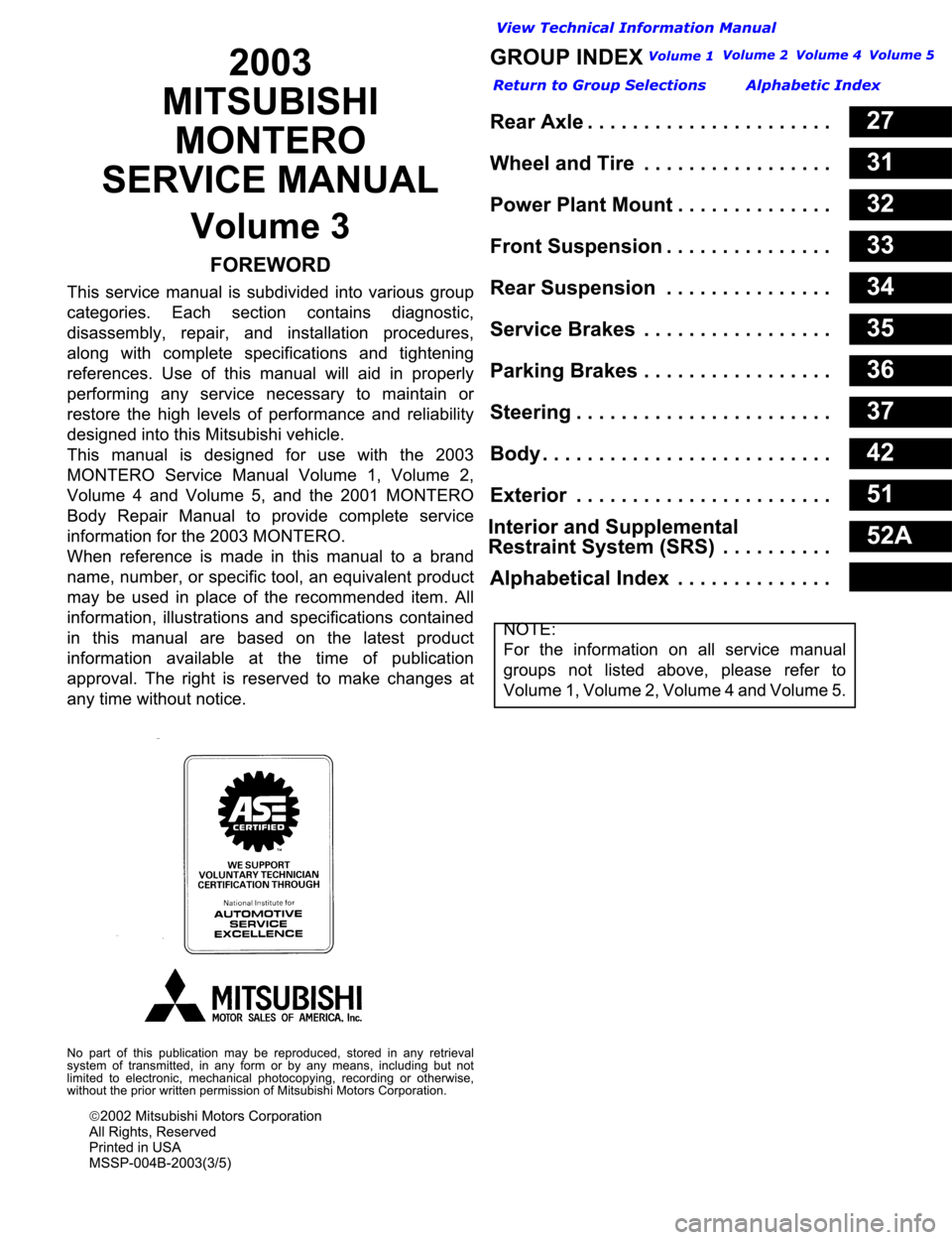 MITSUBISHI MONTERO 2003  Service Repair Manual 