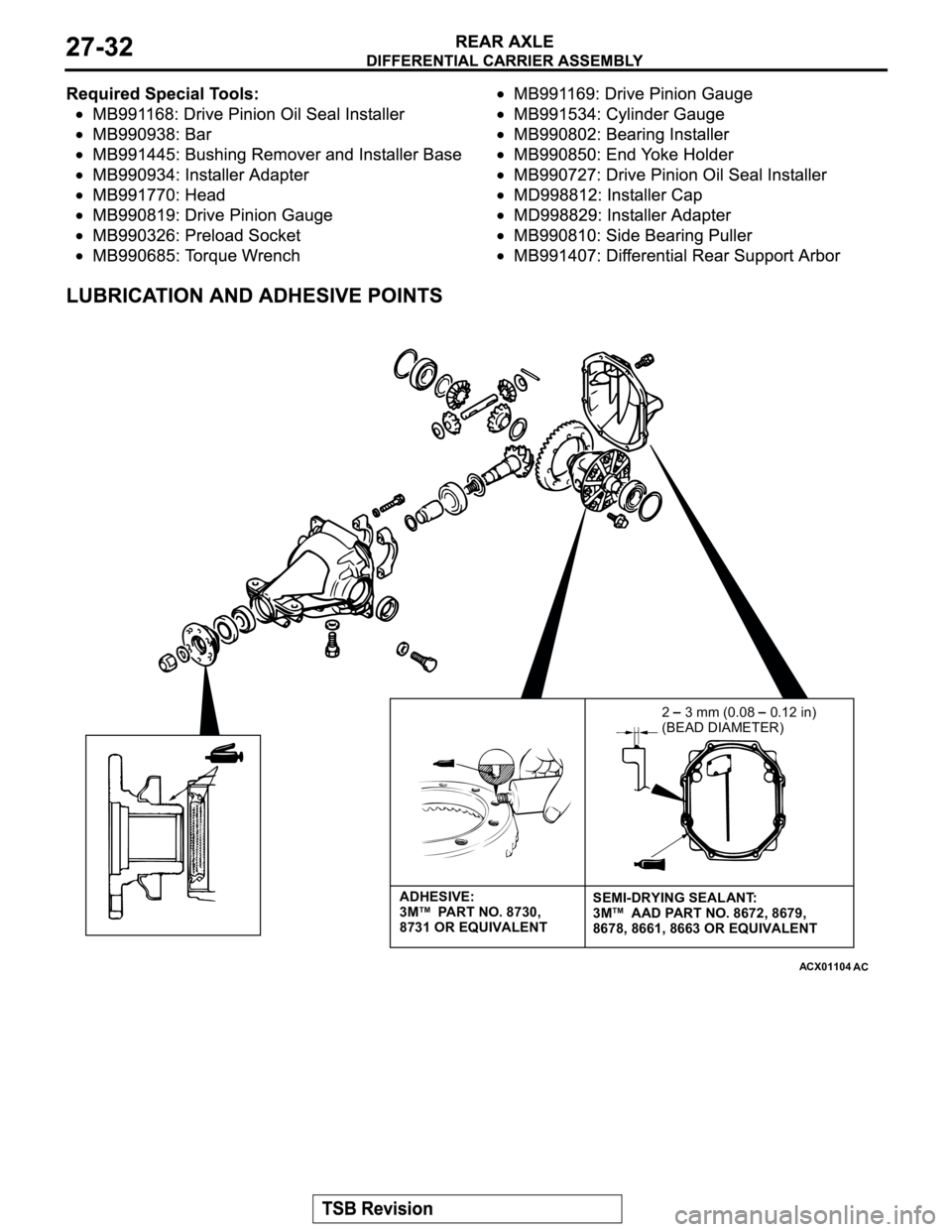 MITSUBISHI MONTERO 2003 Service Repair Manual ACX01104AC
2 3 mm (0.08 0.12 in)
(BEAD DIAMETER)––
TM TMADHESIVE:
3M PART NO. 8730,
8731 OR EQUIVALENTSEMI-DRYING SEALANT:
3M AAD PART NO. 8672, 8679,
8678, 8661, 8663 OR EQUIVALE MITSUBISHI MONTERO 2003 Service Repair Manual ACX01104AC
2 3 mm (0.08 0.12 in)
(BEAD DIAMETER)––
TM TMADHESIVE:
3M PART NO. 8730,
8731 OR EQUIVALENTSEMI-DRYING SEALANT:
3M AAD PART NO. 8672, 8679,
8678, 8661, 8663 OR EQUIVALE