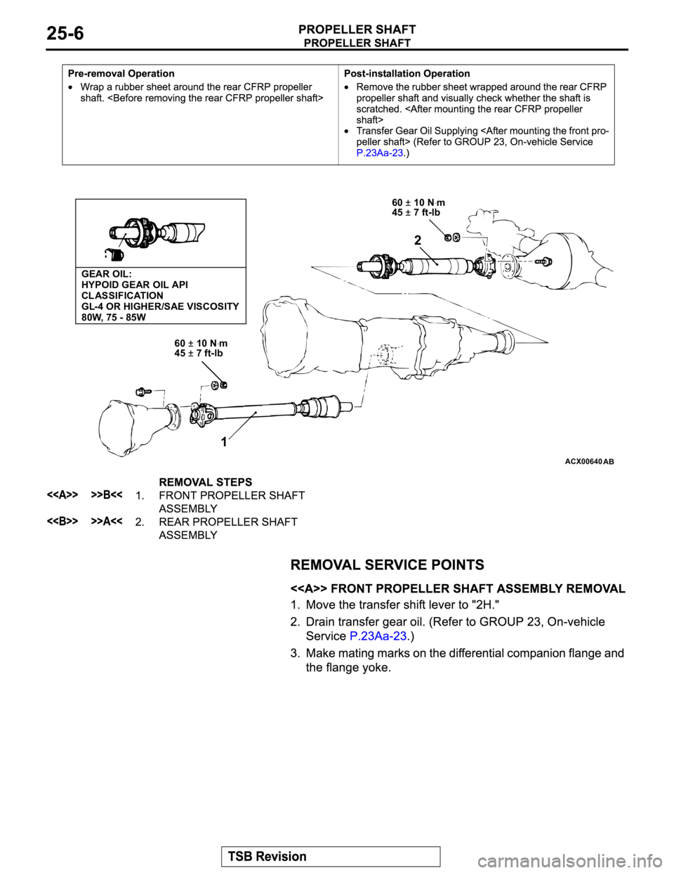 MITSUBISHI MONTERO 2003 Service Repair Manual ACX00640
AB
GEAR OIL:
HYPOID GEAR OIL API
CLASSIFICATION
GL-4 OR HIGHER/SAE VISCOSITY
80W, 75 - 85W
60
±10 Nꞏm
45 ±7 ft-lb
1
60 ±10 Nꞏm
45 ±7 ft-lb
2 MITSUBISHI MONTERO 2003 Service Repair Manual ACX00640
AB
GEAR OIL:
HYPOID GEAR OIL API
CLASSIFICATION
GL-4 OR HIGHER/SAE VISCOSITY
80W, 75 - 85W
60
±10 Nꞏm
45 ±7 ft-lb
1
60 ±10 Nꞏm
45 ±7 ft-lb
2