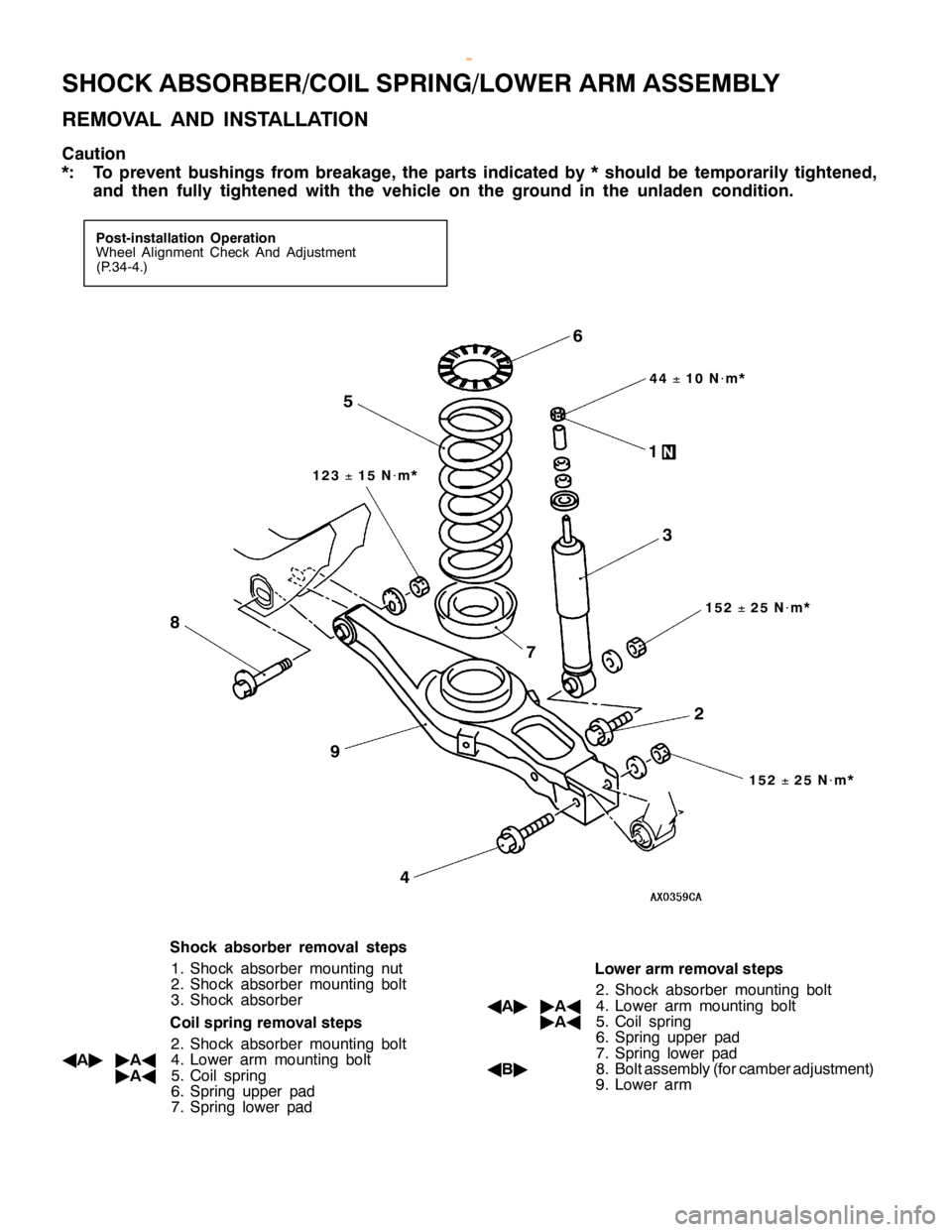 MITSUBISHI MONTERO 2000  Service Repair Manual S
H O CK ABSO RBER /C O IL SPR IN G /L O W ER ARM ASSEM BLY
R EM OVA L AND IN STA LLA TIO N
C au tio n
* : To pre ven t bush in gs fr o m bre akag e, th e parts in dic ate d by *sh ould be te m pora r