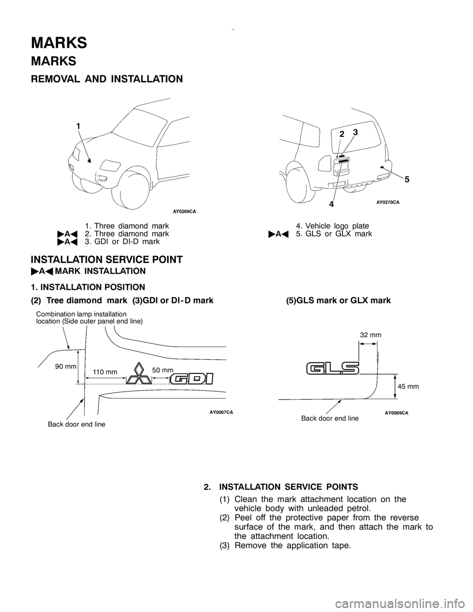 MITSUBISHI MONTERO 2000 Service Repair Manual B
ack door end lin e
1
1 0 mm
9
0 mm
45 mm
3
2 mm B
ack door end lin e
2 . IN STA LLA TIO N SER VIC E PO IN TS
( 1 ) Cle an th e mark atta ch m ent lo ca tio n on th e
v e hic le body wit h unle aded MITSUBISHI MONTERO 2000 Service Repair Manual B
ack door end lin e
1
1 0 mm
9
0 mm
45 mm
3
2 mm B
ack door end lin e
2 . IN STA LLA TIO N SER VIC E PO IN TS
( 1 ) Cle an th e mark atta ch m ent lo ca tio n on th e
v e hic le body wit h unle aded