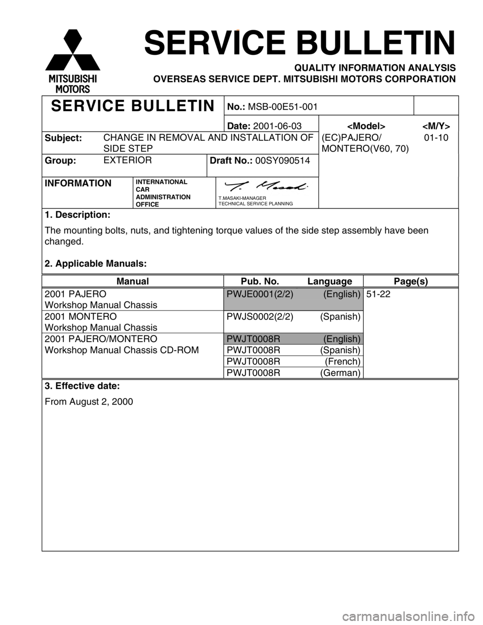 MITSUBISHI MONTERO 2000 Service Repair Manual S
ubje ct: C
HAN G E IN R EM OVAL A N D IN STA LLA TIO N O F
S ID E S TE P (
E C )P AJE R O /
M ONTE R O (V 60, 7 0 ) 0
1-1 0 M
an ual Pub. N o. Lan guag e Pag e(s ) P
W JE 0001 (2 /2 ) (
E nglis h MITSUBISHI MONTERO 2000 Service Repair Manual S
ubje ct: C
HAN G E IN R EM OVAL A N D IN STA LLA TIO N O F
S ID E S TE P (
E C )P AJE R O /
M ONTE R O (V 60, 7 0 ) 0
1-1 0 M
an ual Pub. N o. Lan guag e Pag e(s ) P
W JE 0001 (2 /2 ) (
E nglis h