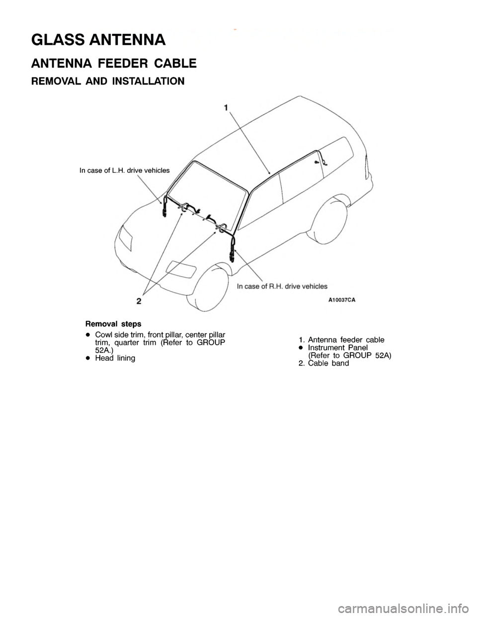 MITSUBISHI MONTERO 2000 Service Repair Manual I
n ca se ofR .H .d riv e ve hic le s
R em oval ste p s
D Cow ls id e tr im ,fr o ntp illa r, ce nte r pilla r
t r im ,quarte r tr im (R efe r to GRO UP
5 2A .)
D Head lin in g 1
. A nte nna fe eder c MITSUBISHI MONTERO 2000 Service Repair Manual I
n ca se ofR .H .d riv e ve hic le s
R em oval ste p s
D Cow ls id e tr im ,fr o ntp illa r, ce nte r pilla r
t r im ,quarte r tr im (R efe r to GRO UP
5 2A .)
D Head lin in g 1
. A nte nna fe eder c