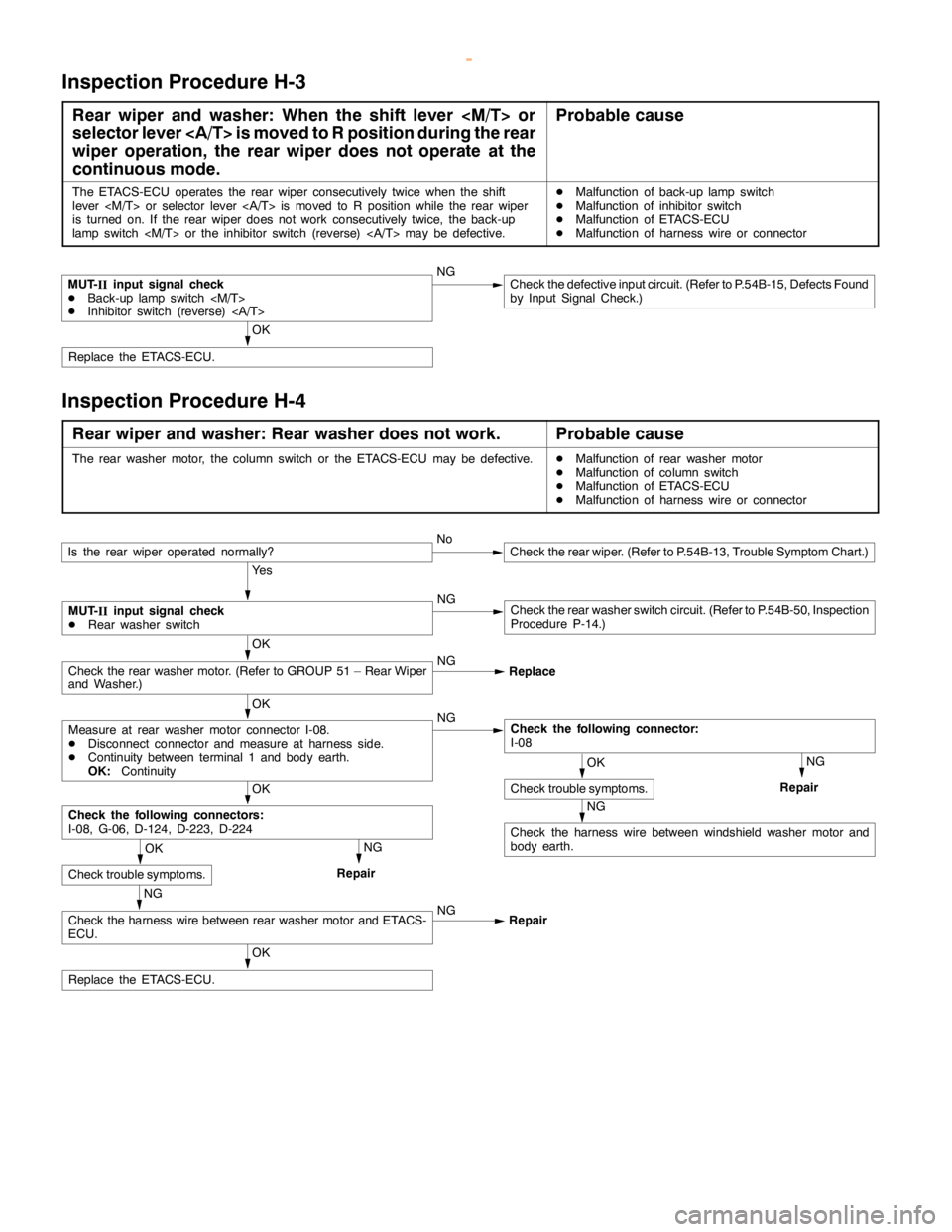 MITSUBISHI MONTERO 2000 Service Repair Manual SWS -Troubleshooting54B-32
Inspection Procedure H-3
Rear wiper and washer: When the shift lever <M/T> or
selector lever <A/T> is moved to R position during the rear
wiper operation, the rear wiper doe MITSUBISHI MONTERO 2000 Service Repair Manual SWS -Troubleshooting54B-32
Inspection Procedure H-3
Rear wiper and washer: When the shift lever <M/T> or
selector lever <A/T> is moved to R position during the rear
wiper operation, the rear wiper doe