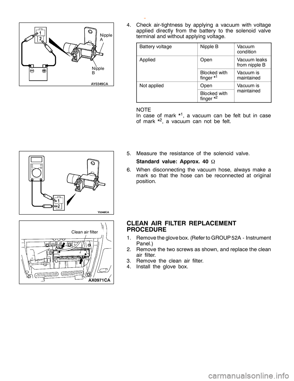 MITSUBISHI MONTERO 2000  Service Repair Manual N
ip ple B V
acu um
c o ndit io n A
pplie d O
pen V
acu um le aks
f r o m nip ple B B
lo cke d wit h
f in ger *1 N
otapplie d O
pen V
acu um is B
lo cke d wit h
f in ger *2 C
le an air filt e r    