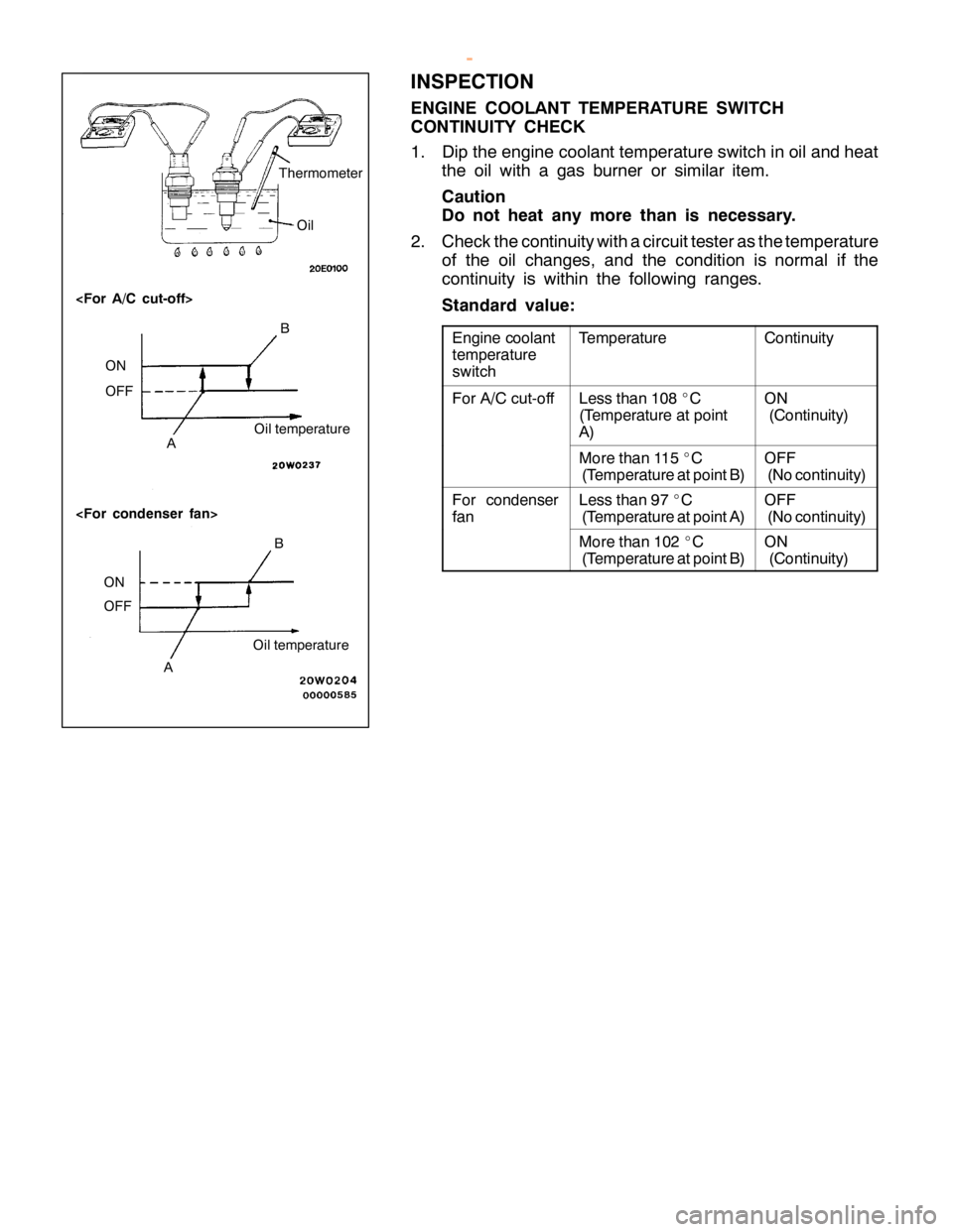 MITSUBISHI MONTERO 2000 Service Repair Manual T
e m pera tu re C
ontin uit y F
or A /C cu t- o ff L
ess th an 108 _C
( T e m pera tu re at poin t
A ) O
N
( C ontin uit y ) M
ore th an 11 5 _C
( T e m pera tu re atp oin tB ) O
FF
( N oco ntin uit MITSUBISHI MONTERO 2000 Service Repair Manual T
e m pera tu re C
ontin uit y F
or A /C cu t- o ff L
ess th an 108 _C
( T e m pera tu re at poin t
A ) O
N
( C ontin uit y ) M
ore th an 11 5 _C
( T e m pera tu re atp oin tB ) O
FF
( N oco ntin uit