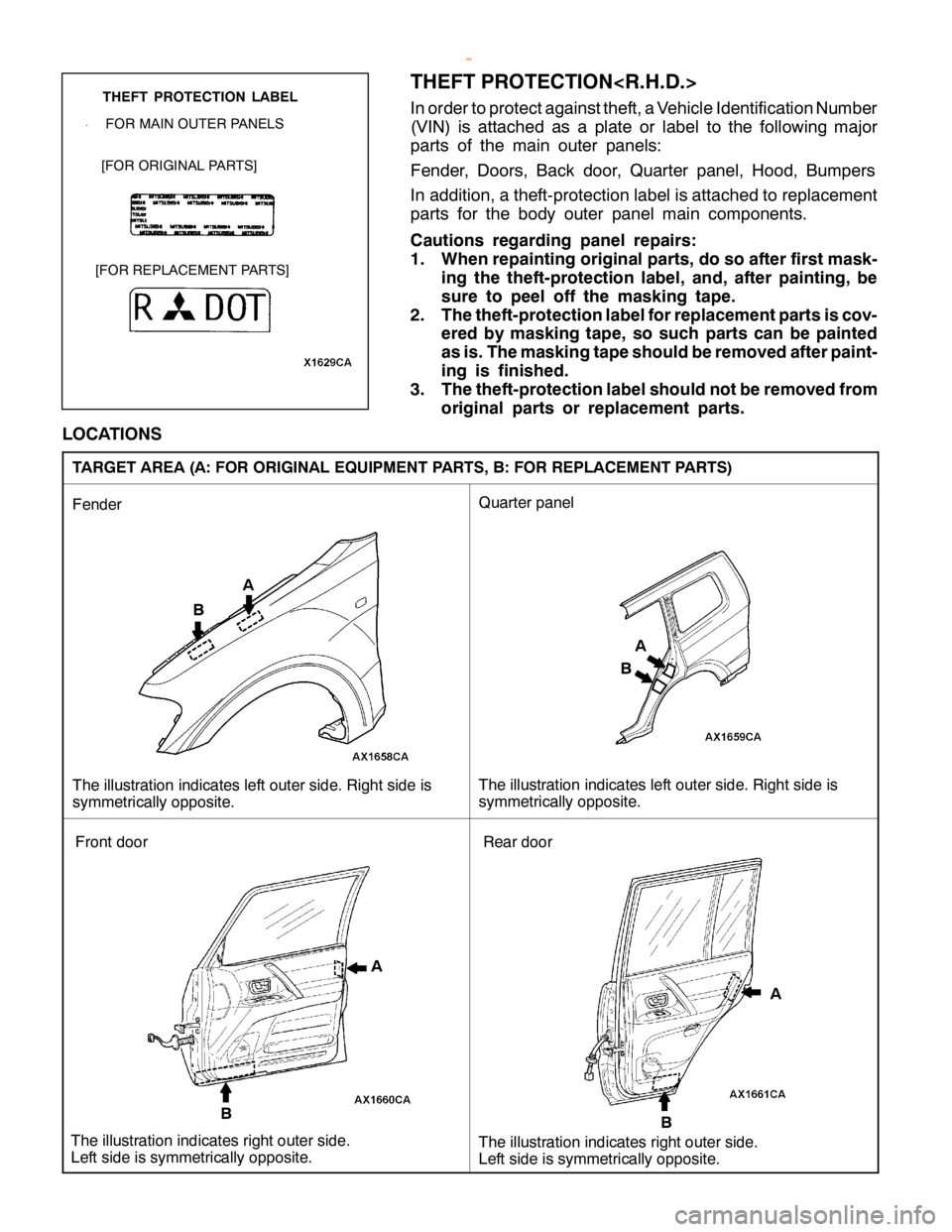 MITSUBISHI MONTERO 2000  Service Owners Manual A
B
T he illu str a tio n in dic a te s le ft oute r sid e.R ig ht sid e is
s ym metr ic a lly opposit e .
F
ender [
F O R ORIG IN AL PA R TS ] F
O R MAIN OUTE R PA N ELS      