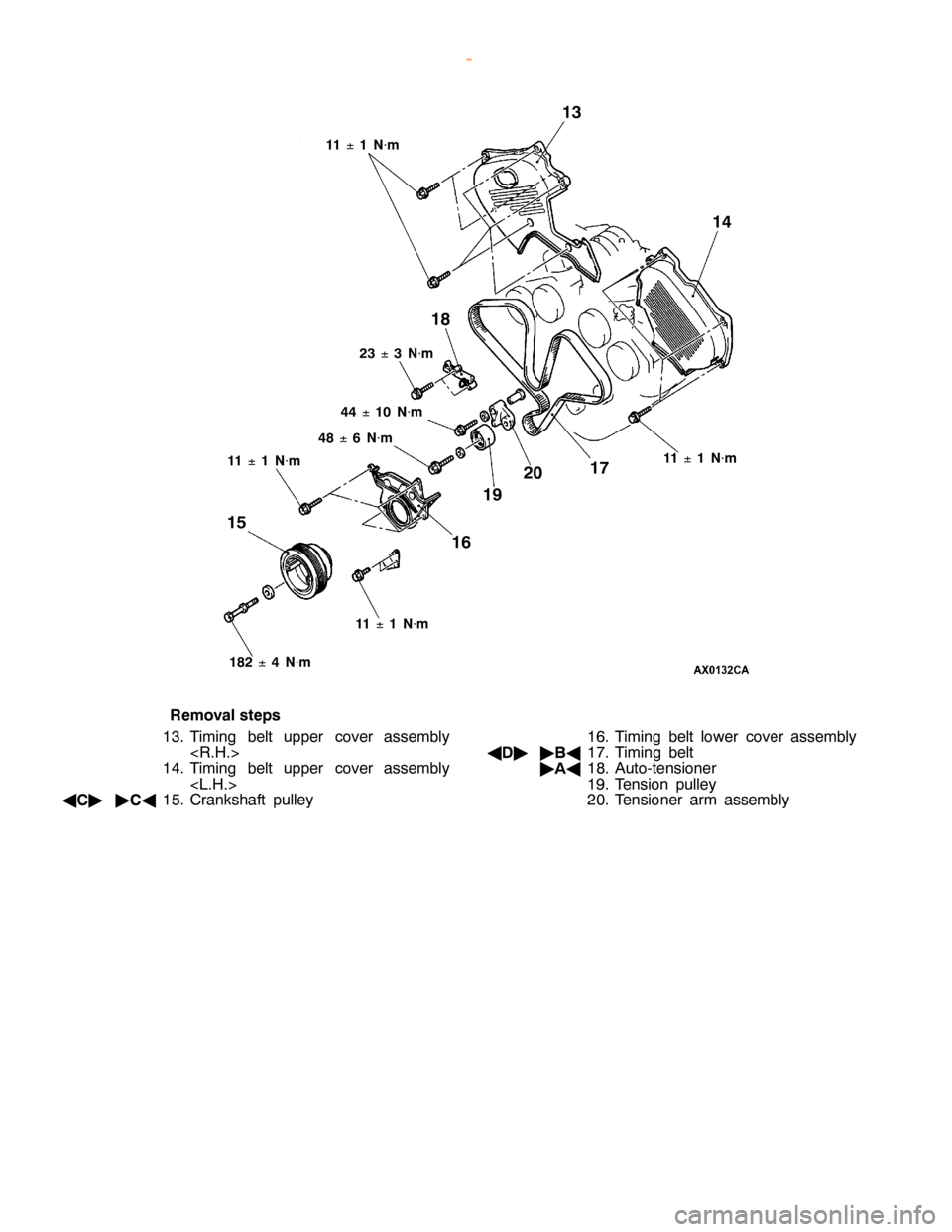 MITSUBISHI MONTERO 2000 Service Manual PDF 1
4 1
6 1
7 2
0 1
9 1
5 1
1
±1
N
×m 1
1
±1
N
×m 4
4
±1
0 N
×m 4
8
±6
N
×m 1
82
±4
N
×m
R em oval ste p s
1 3. Tim in g belt upper co ve r asse m bly
< R .H .>
1 4. Tim in g belt upper co ve MITSUBISHI MONTERO 2000 Service Manual PDF 1
4 1
6 1
7 2
0 1
9 1
5 1
1
±1
N
×m 1
1
±1
N
×m 4
4
±1
0 N
×m 4
8
±6
N
×m 1
82
±4
N
×m
R em oval ste p s
1 3. Tim in g belt upper co ve r asse m bly
< R .H .>
1 4. Tim in g belt upper co ve