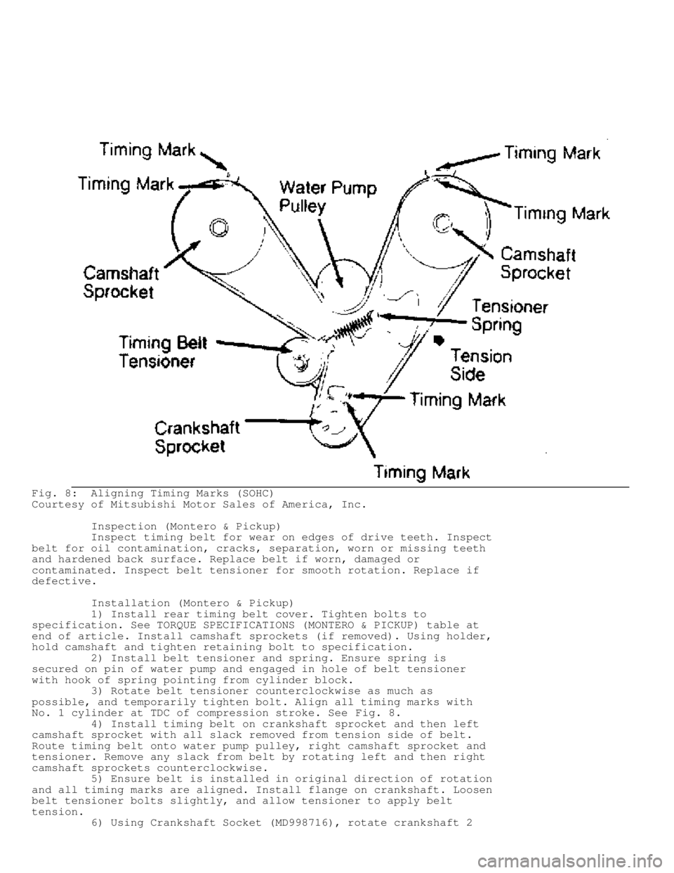 MITSUBISHI MONTERO 1991 Service Manual Fig. 8: Aligning Timing Marks (SOHC)
Courtesy of Mitsubishi Motor Sales of America, Inc.
Inspection (Montero & Pickup)
Inspect timing belt for wear on edges of drive teeth. Inspect
MITSUBISHI MONTERO 1991 Service Manual Fig. 8: Aligning Timing Marks (SOHC)
Courtesy of Mitsubishi Motor Sales of America, Inc.
Inspection (Montero & Pickup)
Inspect timing belt for wear on edges of drive teeth. Inspect